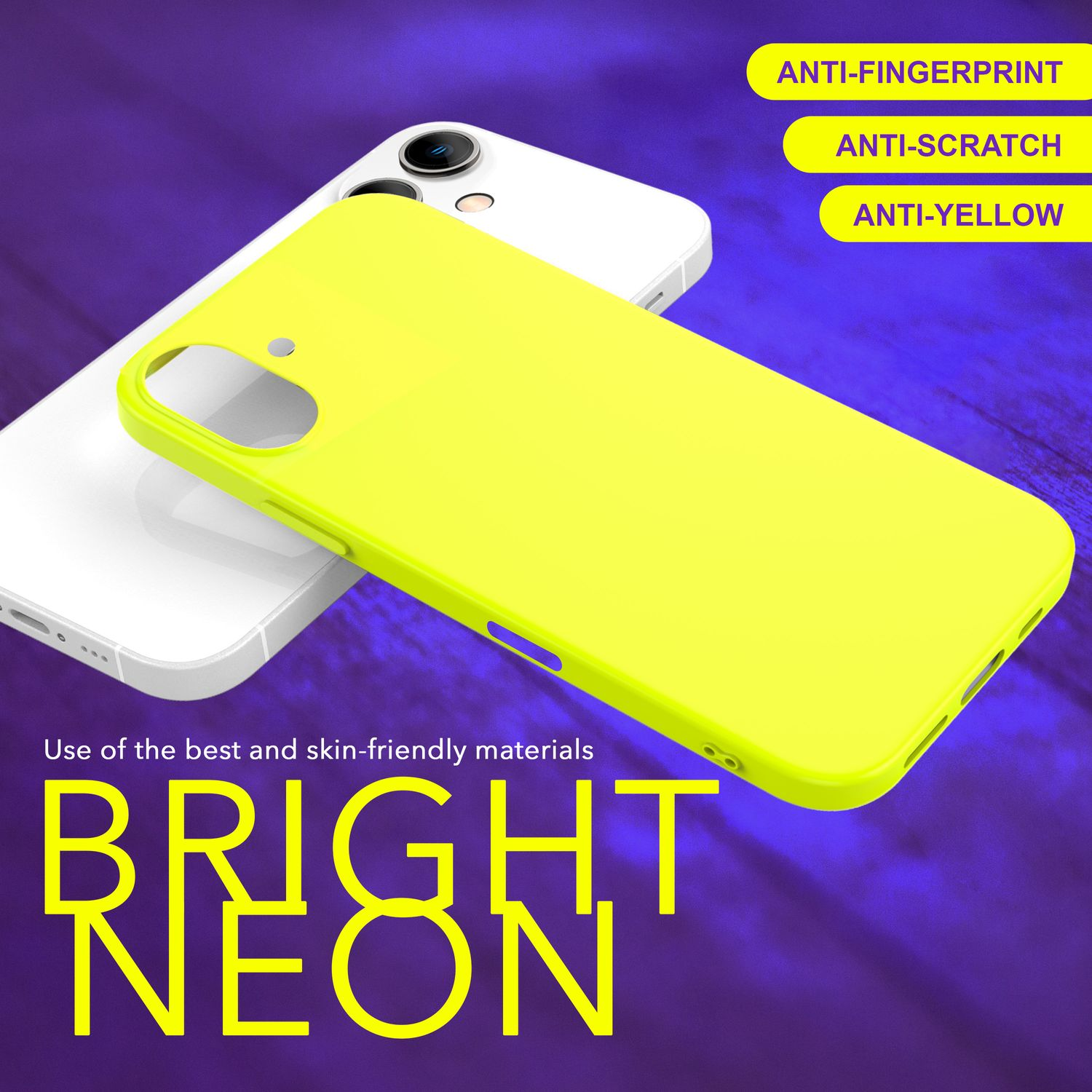 Weißes Telefon mit neongelber Handyhülle. Text: Helles Neon, Anti-Fingerabdruck, kratzfest.