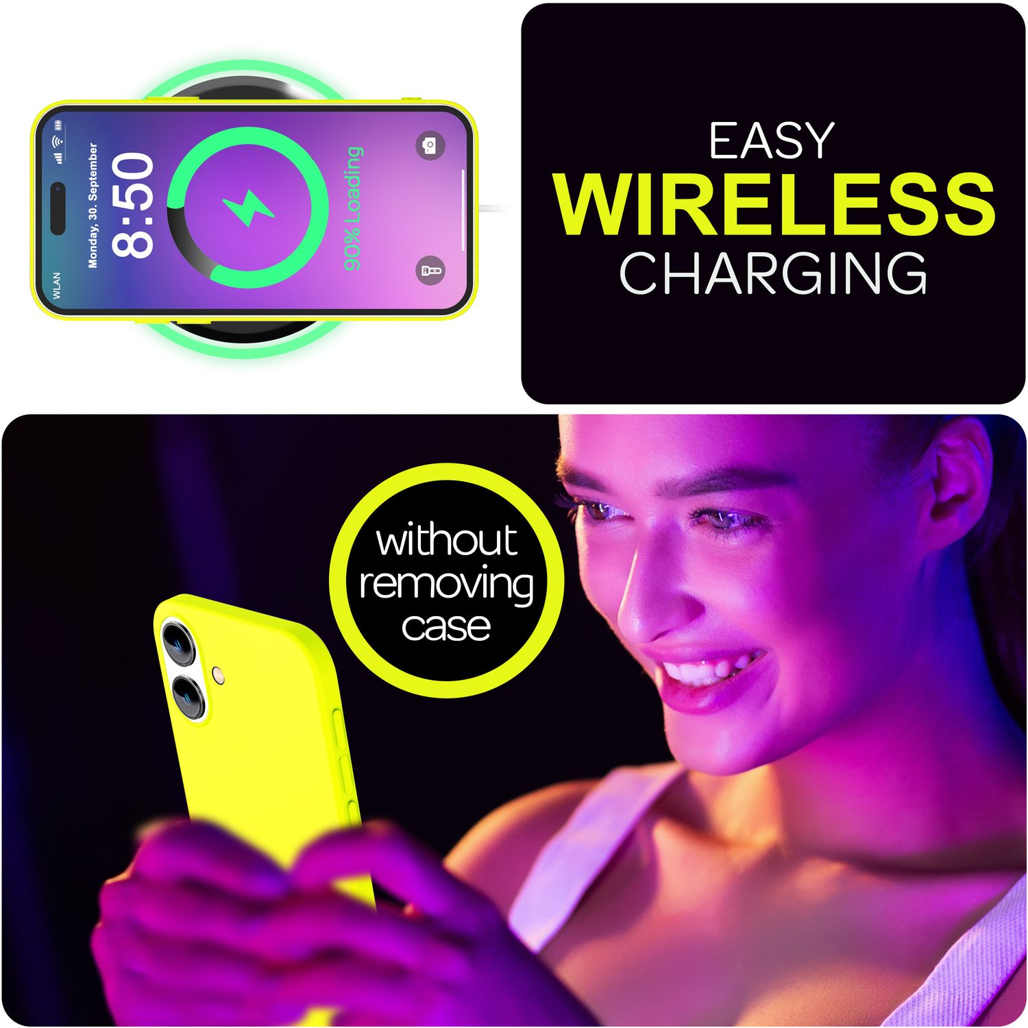 Ein Telefon, das drahtlos geladen wird. Text sagt 'Easy Wireless Charging' und 'without removing case'. Eine Frau lächelt.