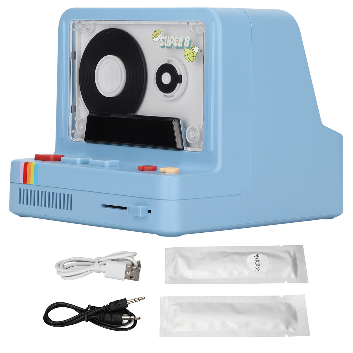 Ein blauer Musikplayer im Retro-Stil mit einer Kassette im Inneren und bunten Knöpfen, mit Zubehör.