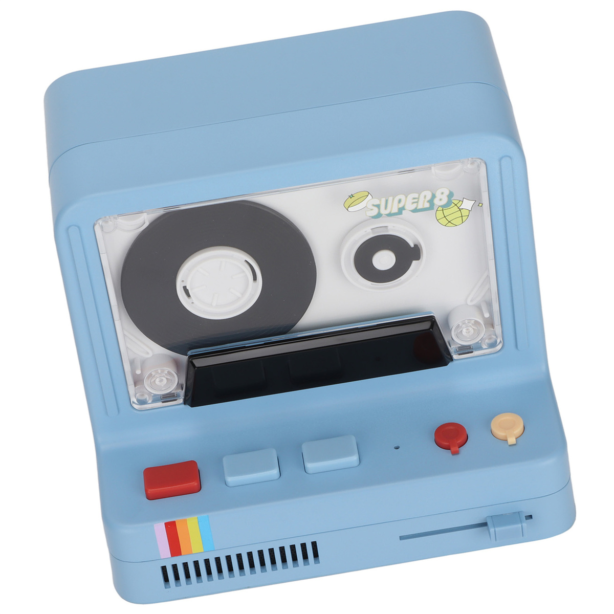 Ein blaues Kassettenspieler im Retro-Stil mit transparentem Deckel, der ein Kassettenband zeigt.