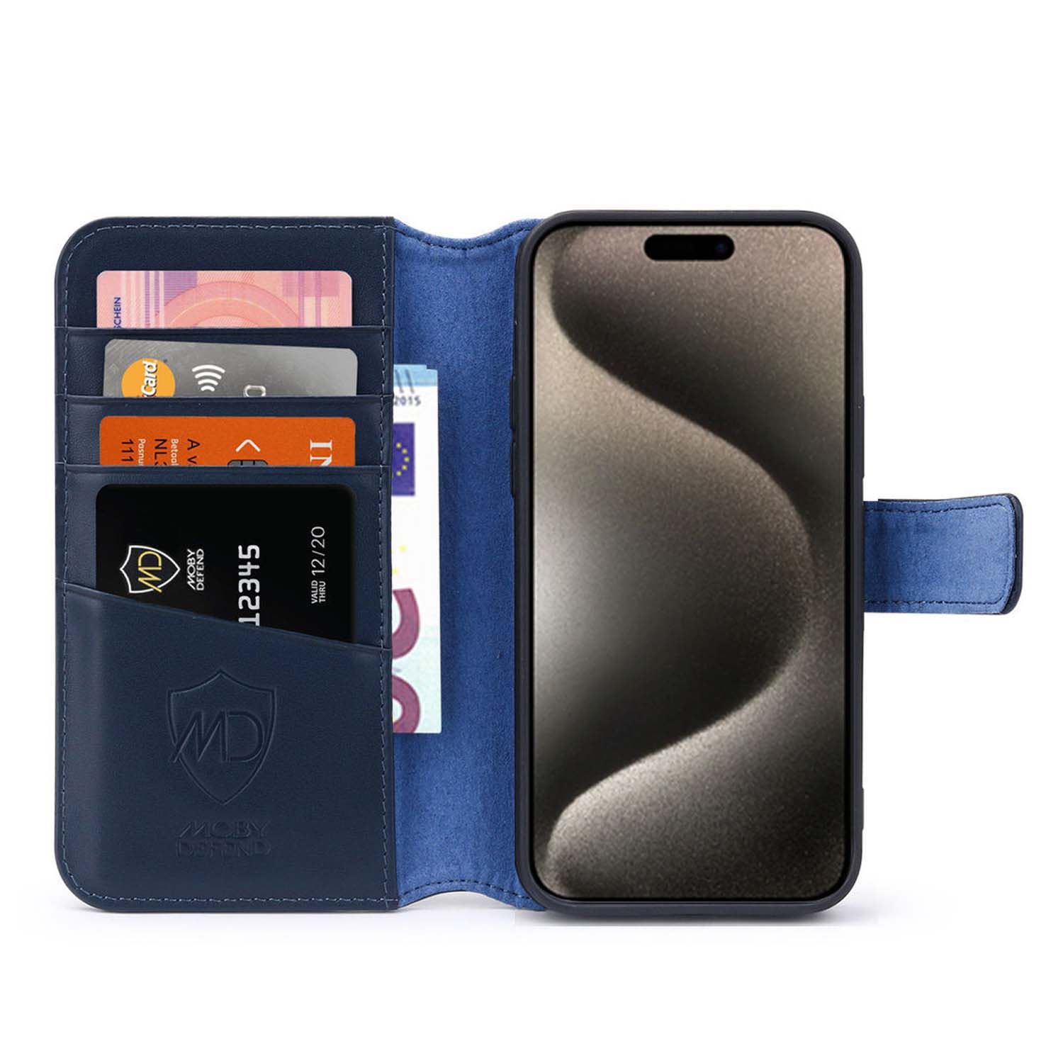 Un portefeuille de téléphone en cuir bleu avec des cartes et un téléphone à l'intérieur.