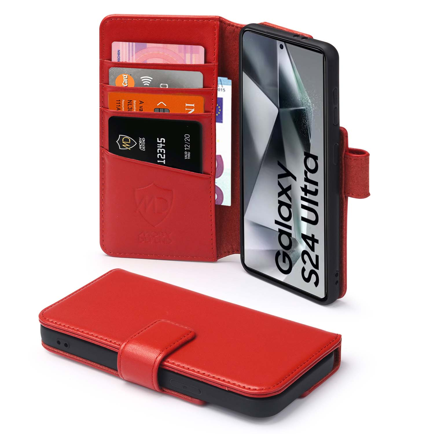 Rode telefoonhoes met kaarten en geld erin. Telefoon met Galaxy S24 Ultra tekst. Open hoes.