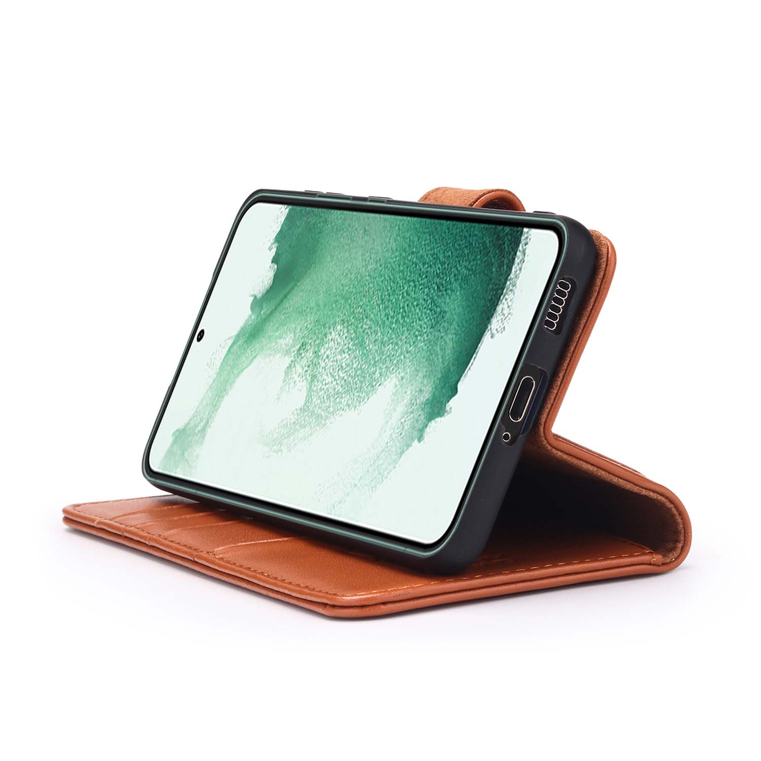 Bruine telefoonportemonnee met een telefoon. De telefoon staat in horizontale positie.
