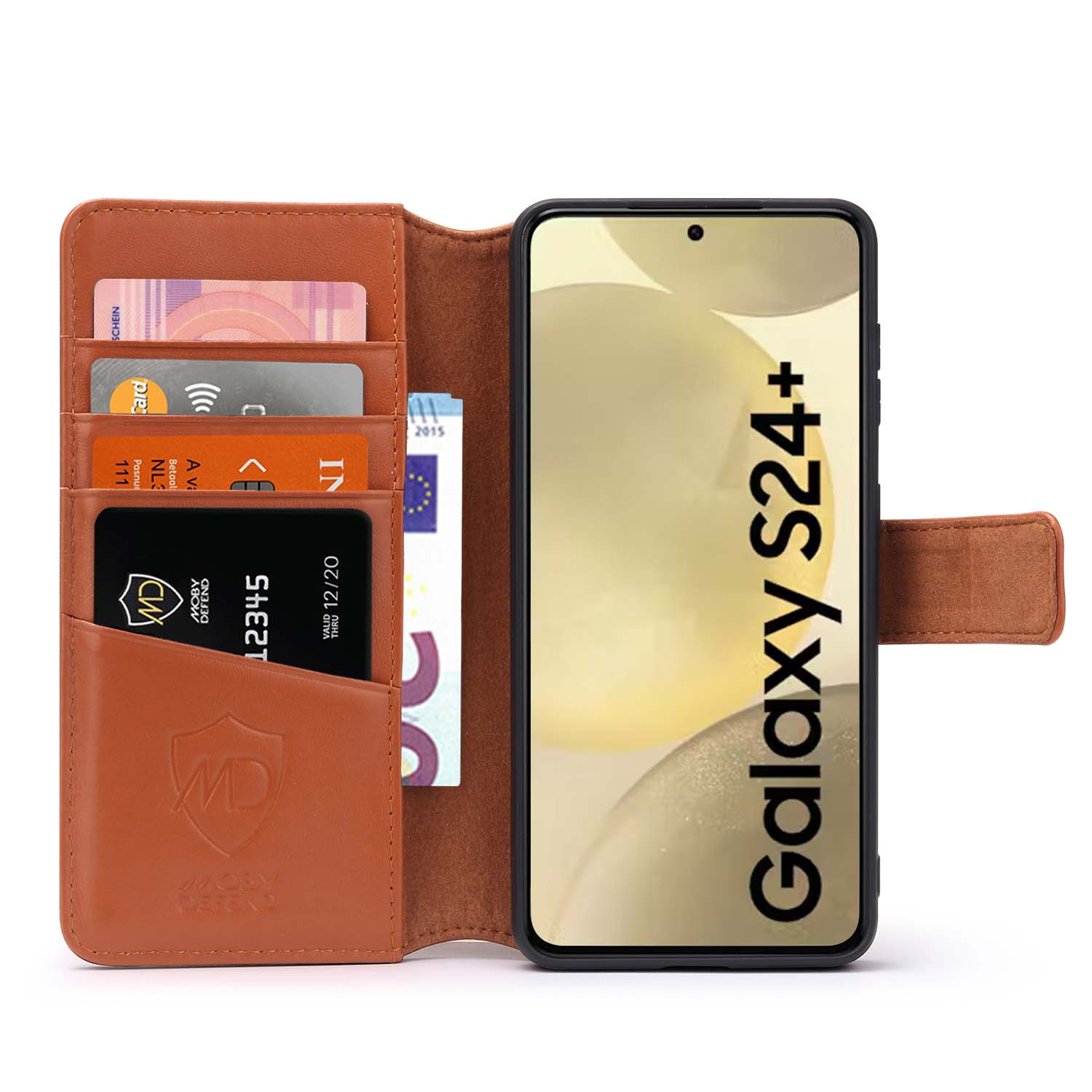 Bruine leren telefoonhoes met een Galaxy S24+ telefoon en meerdere zichtbare kaartsleuven.
