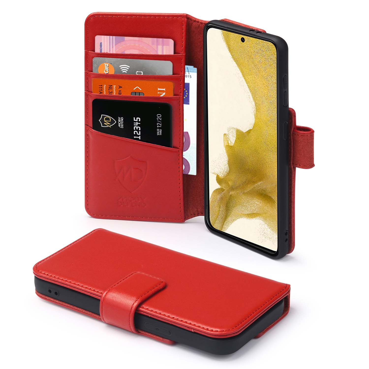 Étui portefeuille en cuir rouge, ouvert, affichant cartes et téléphone. Téléphone visible.
