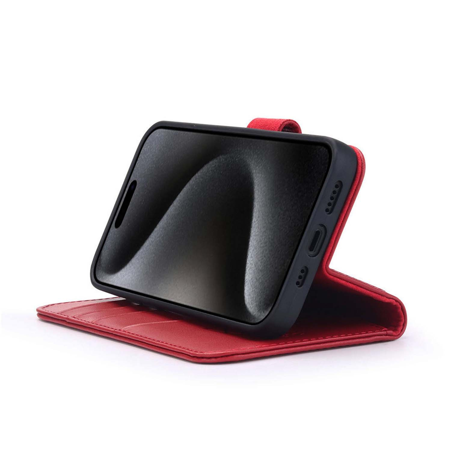 Rode telefoonhoes met een telefoon omhoog. Het telefoonscherm is zwart.
