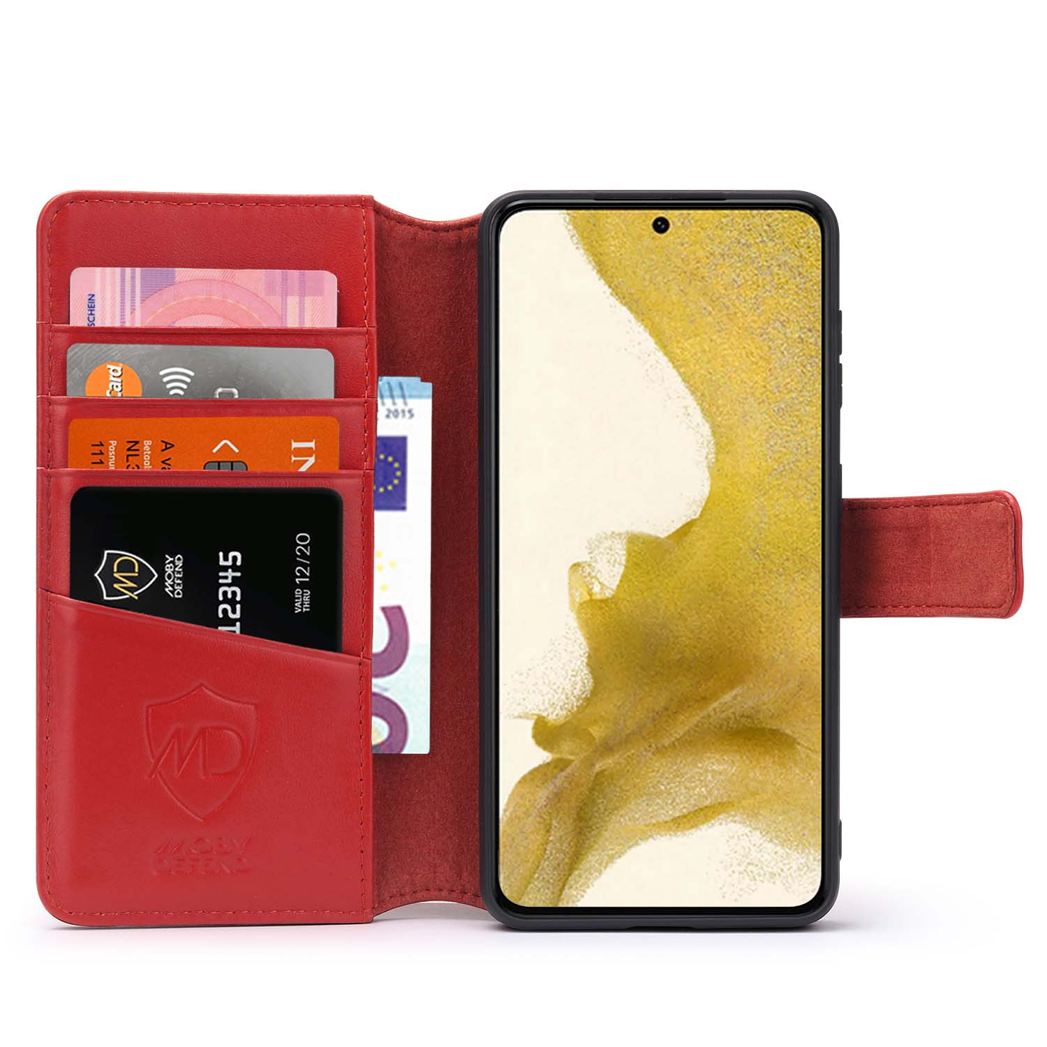 Étui de téléphone rouge avec cartes et téléphone. Le téléphone affiche une image jaune.