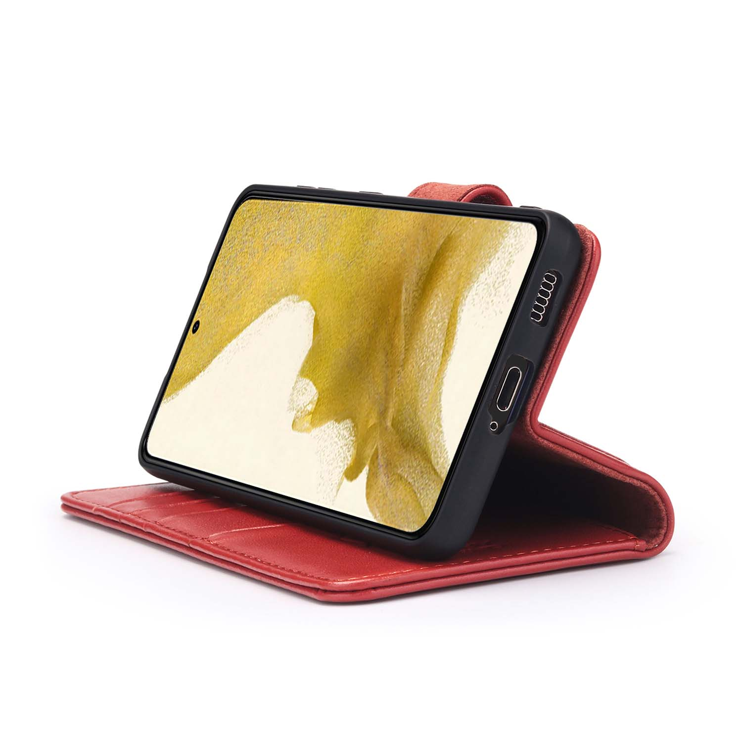 Étui de téléphone rouge ouvert, téléphone à l'intérieur. Fond jaune.