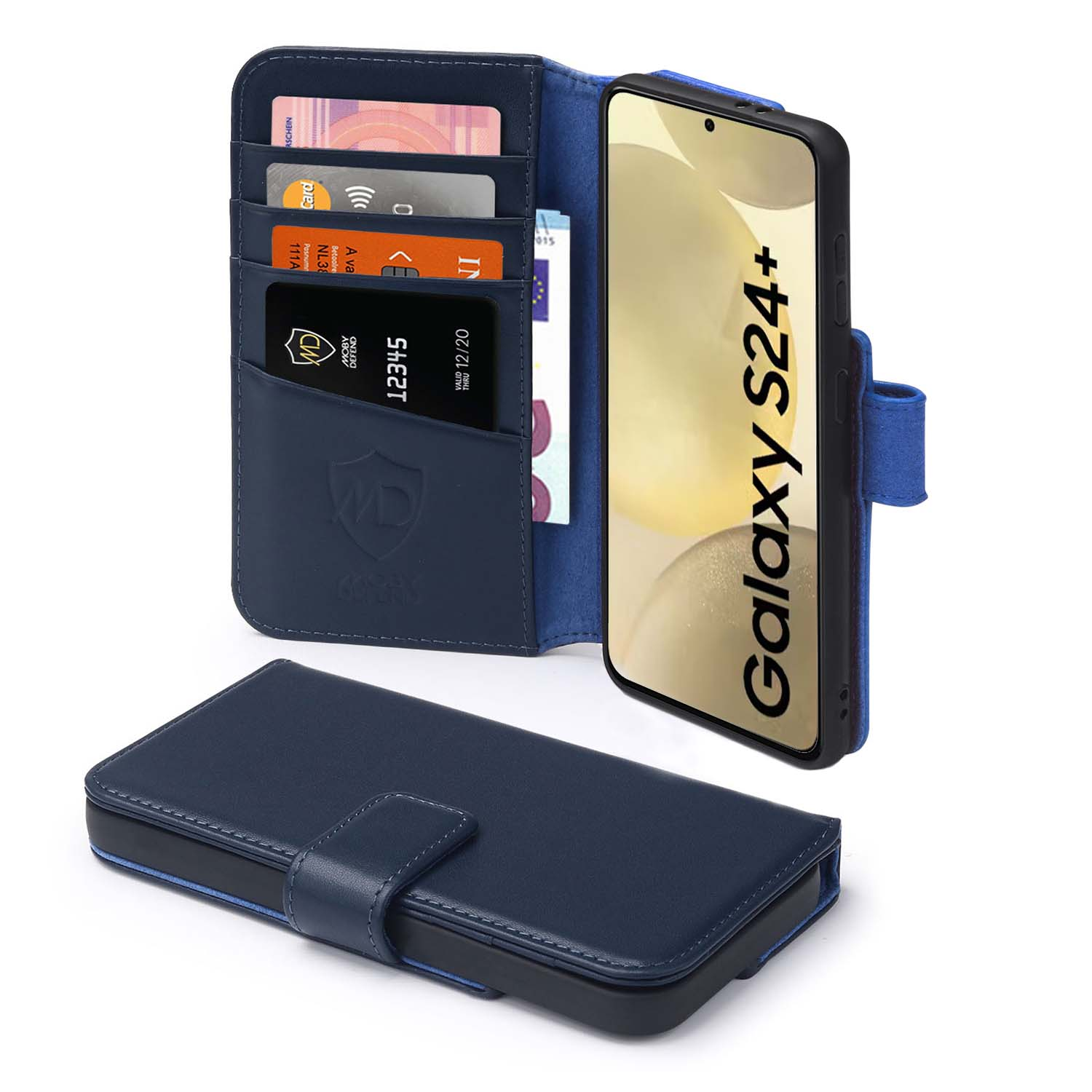 Blauwe telefoonhoes portemonnee met kaarten en geld, en een zwarte smartphone met "Galaxy S24+" op een gele achtergrond.