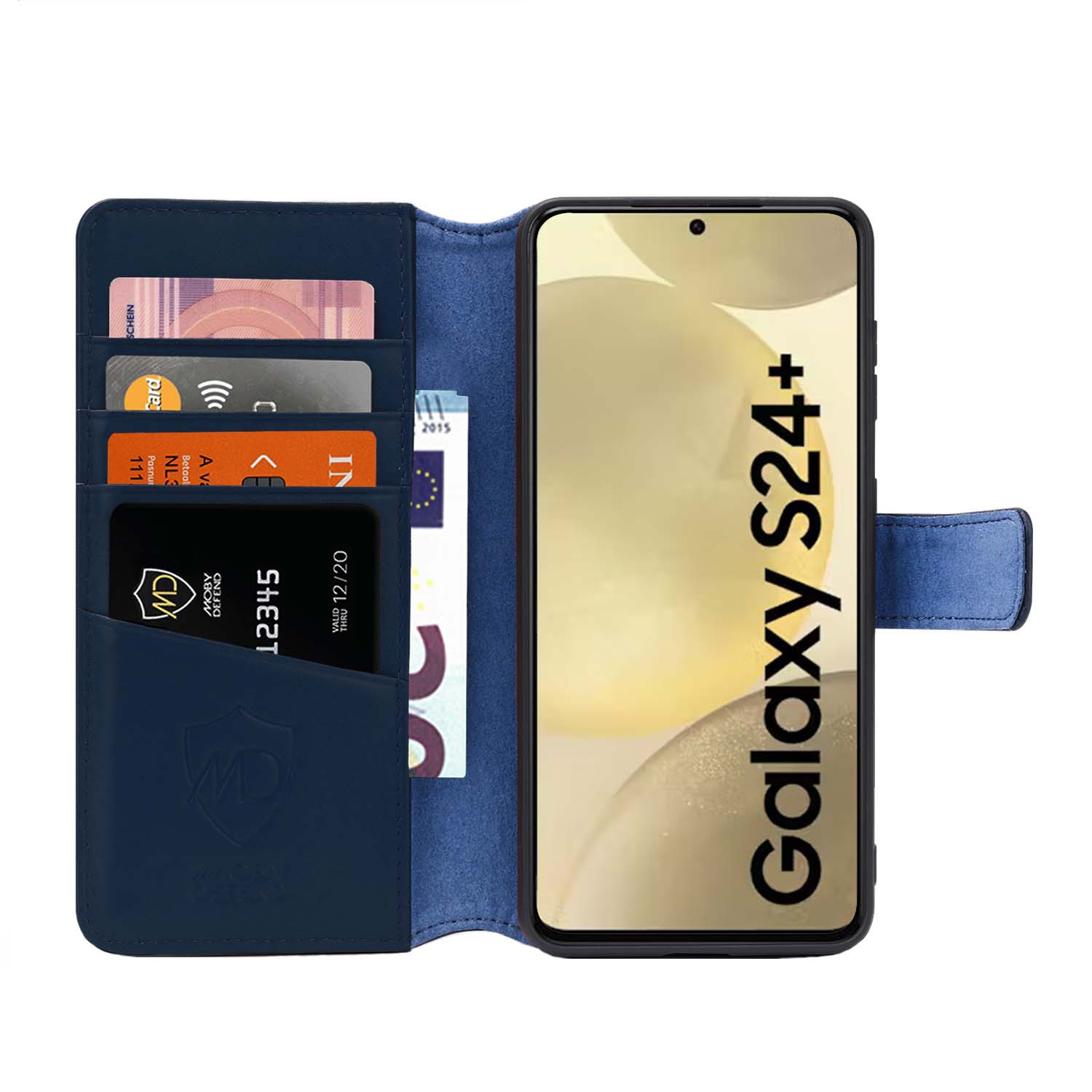 Blauwe portemonneehoes met kaarten en een telefoon met Galaxy S24+.