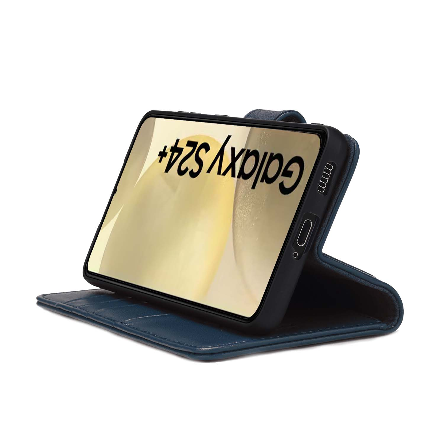 Blauwe telefoonhoes met telefoon met Galaxy S24+ tekst. Open hoes.