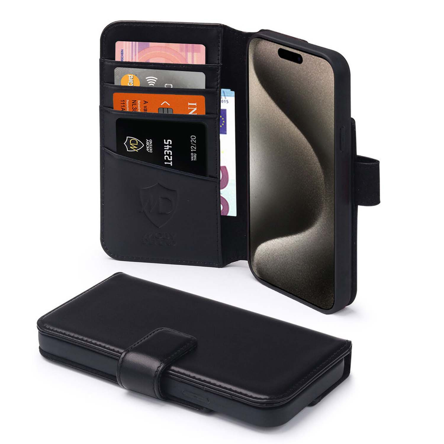 Étui de téléphone noir avec cartes de crédit, un téléphone à droite.