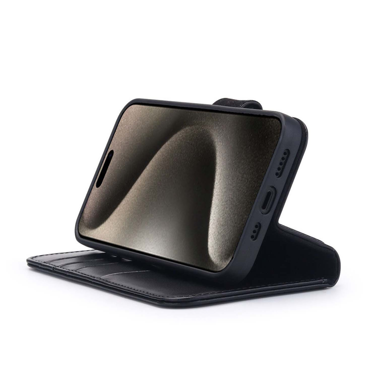 Un étui de téléphone noir, ouvert, montrant un écran de téléphone. Fond blanc.