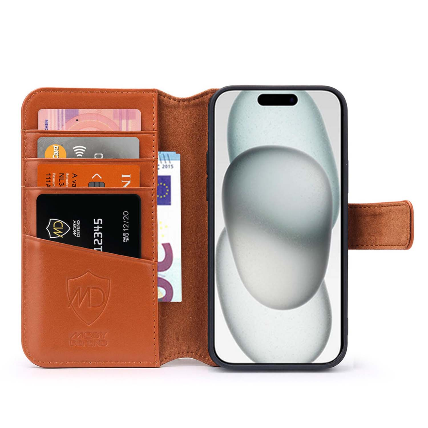 Brown leather phone case, open, showing cards and phone, and a closed case. White background.
