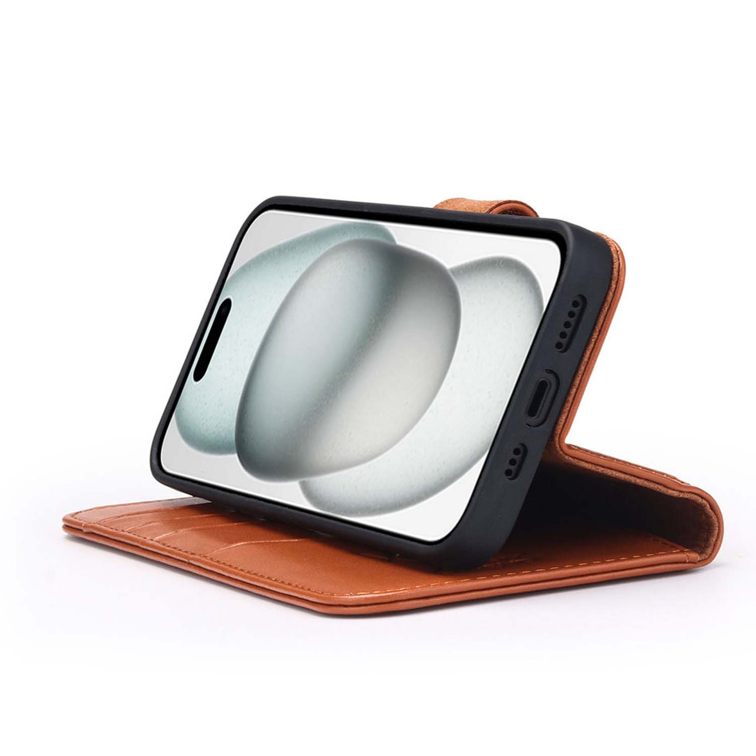 Brown phone case with a phone inside, displayed at an angle, on a white background.