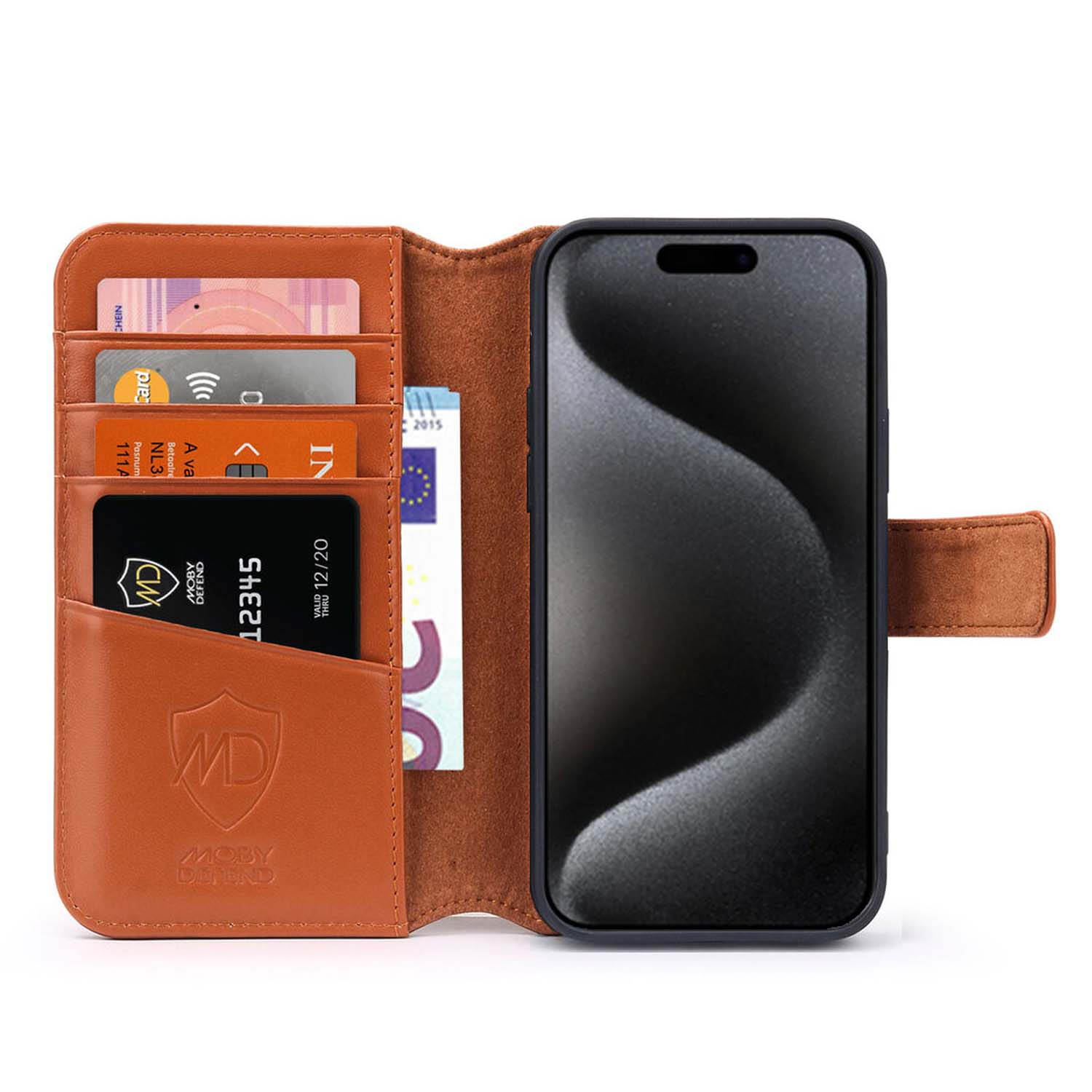 Bruine telefoonhoes met kaarten, geld en telefoon. Telefoonscherm toont een donker, golvend ontwerp.