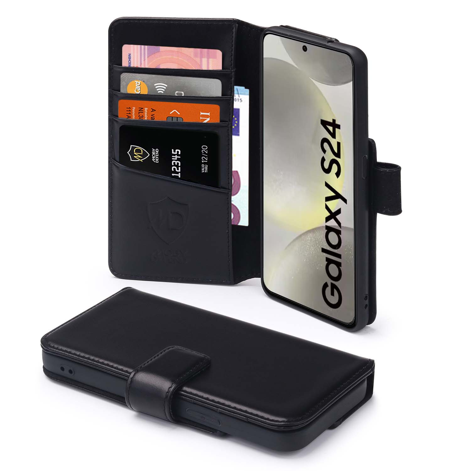 Étui portefeuille de téléphone en cuir noir avec cartes et téléphone. Le téléphone est un Samsung Galaxy S24.