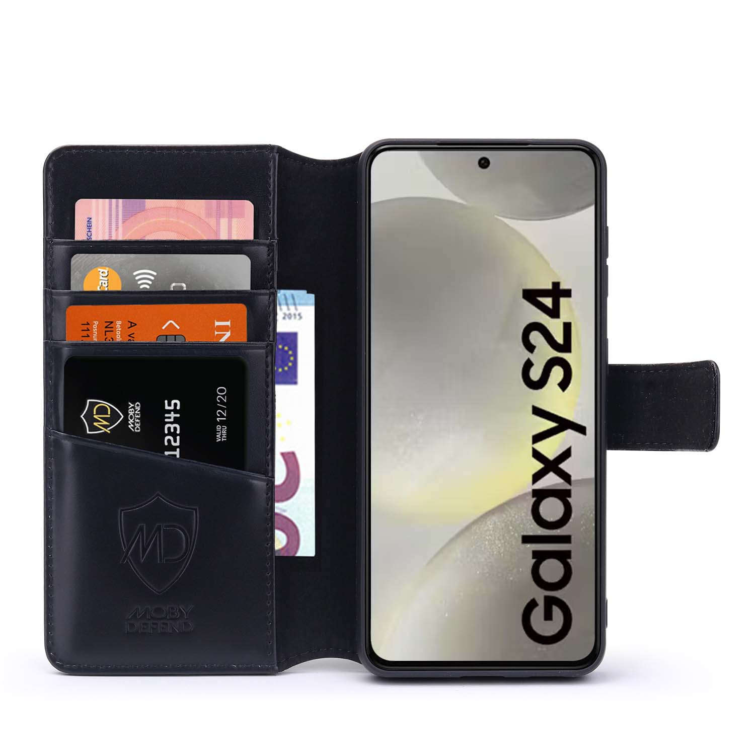 Étui de téléphone noir ouvert avec cartes et téléphone. Le téléphone est étiqueté Galaxy S24. Le fond est blanc.