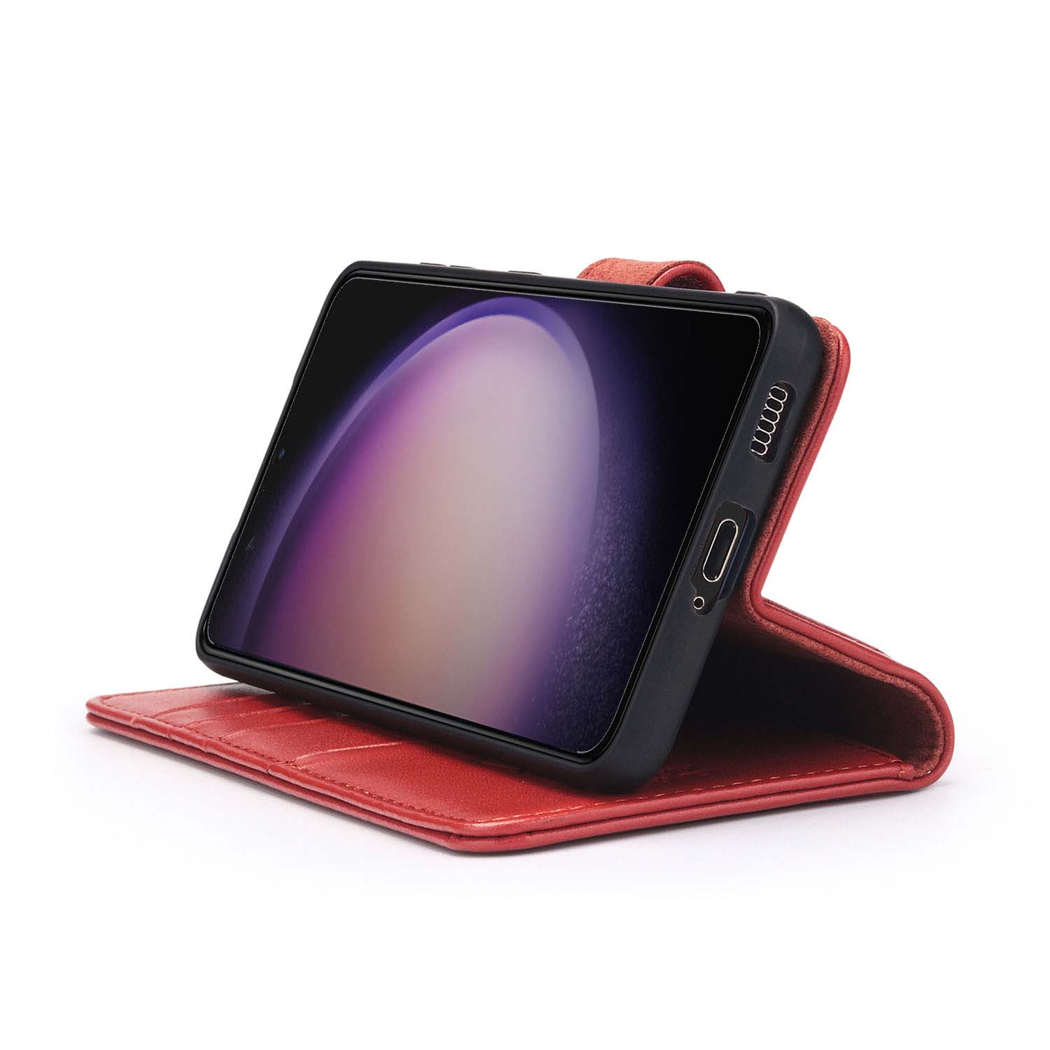 Een rode telefoonhoes open met een telefoon die een paarse achtergrond toont.