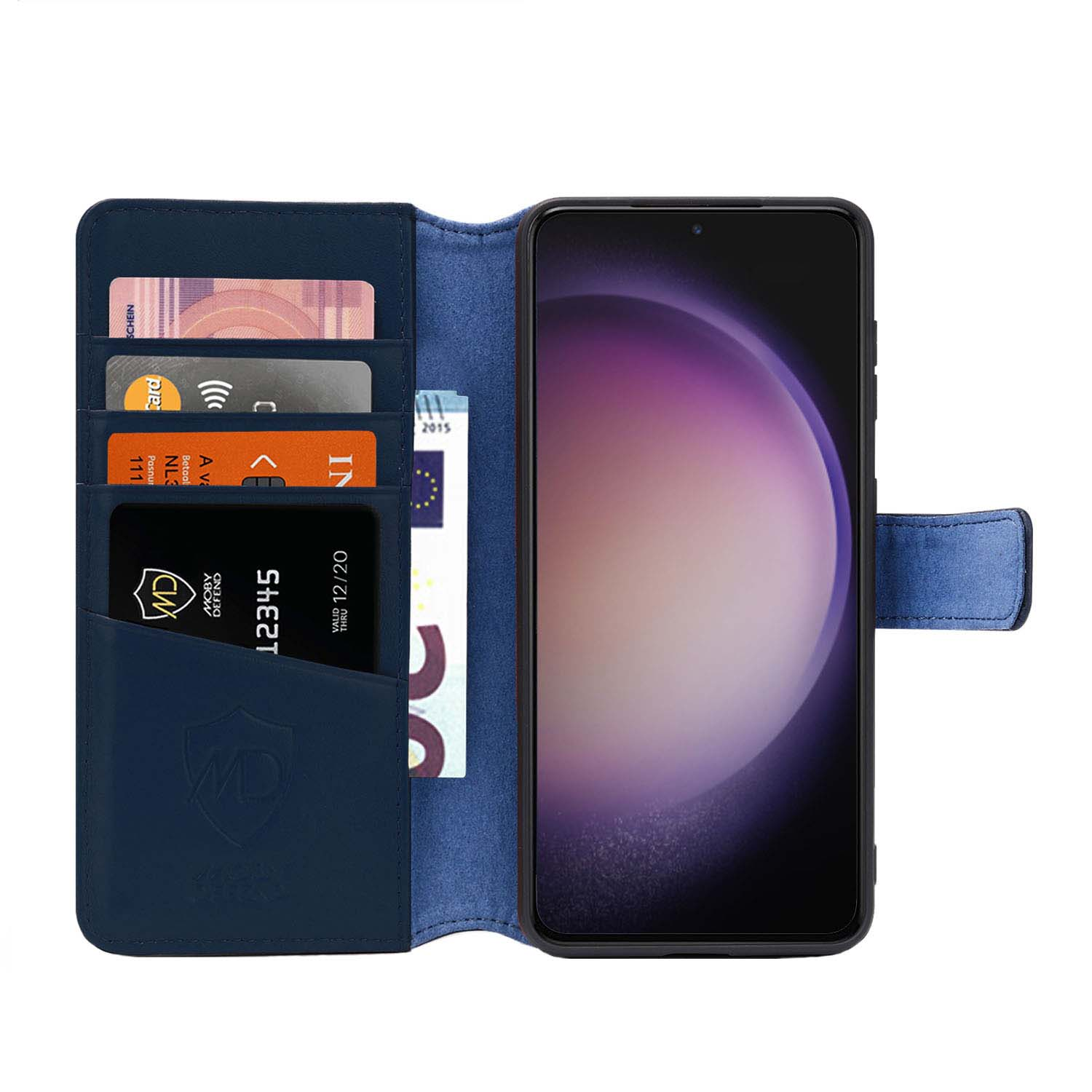 Blauwe portemonnee met telefoon, kaarten en geld.