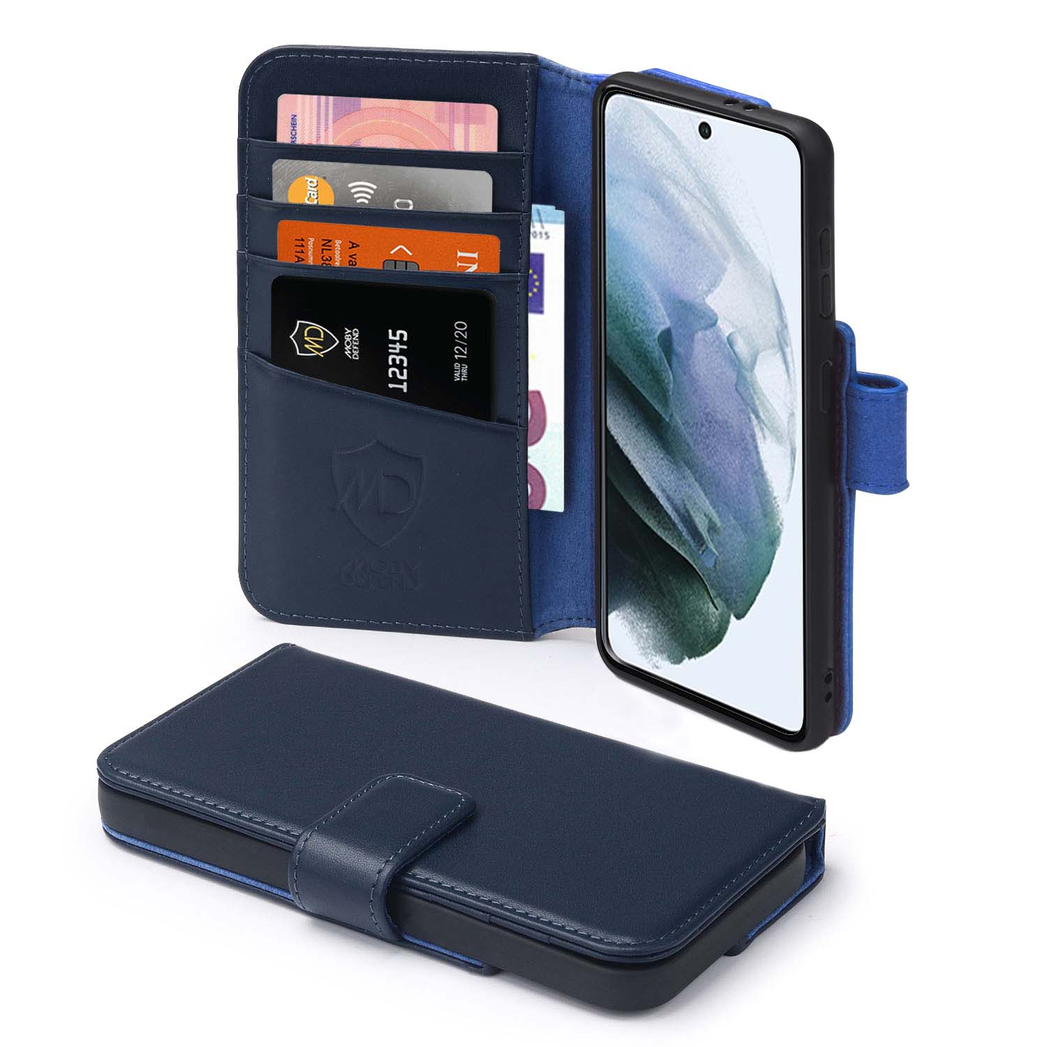 Een blauwe telefoonhoes open met kaarten en een telefoon. De telefoon is zwart met een leeg scherm.