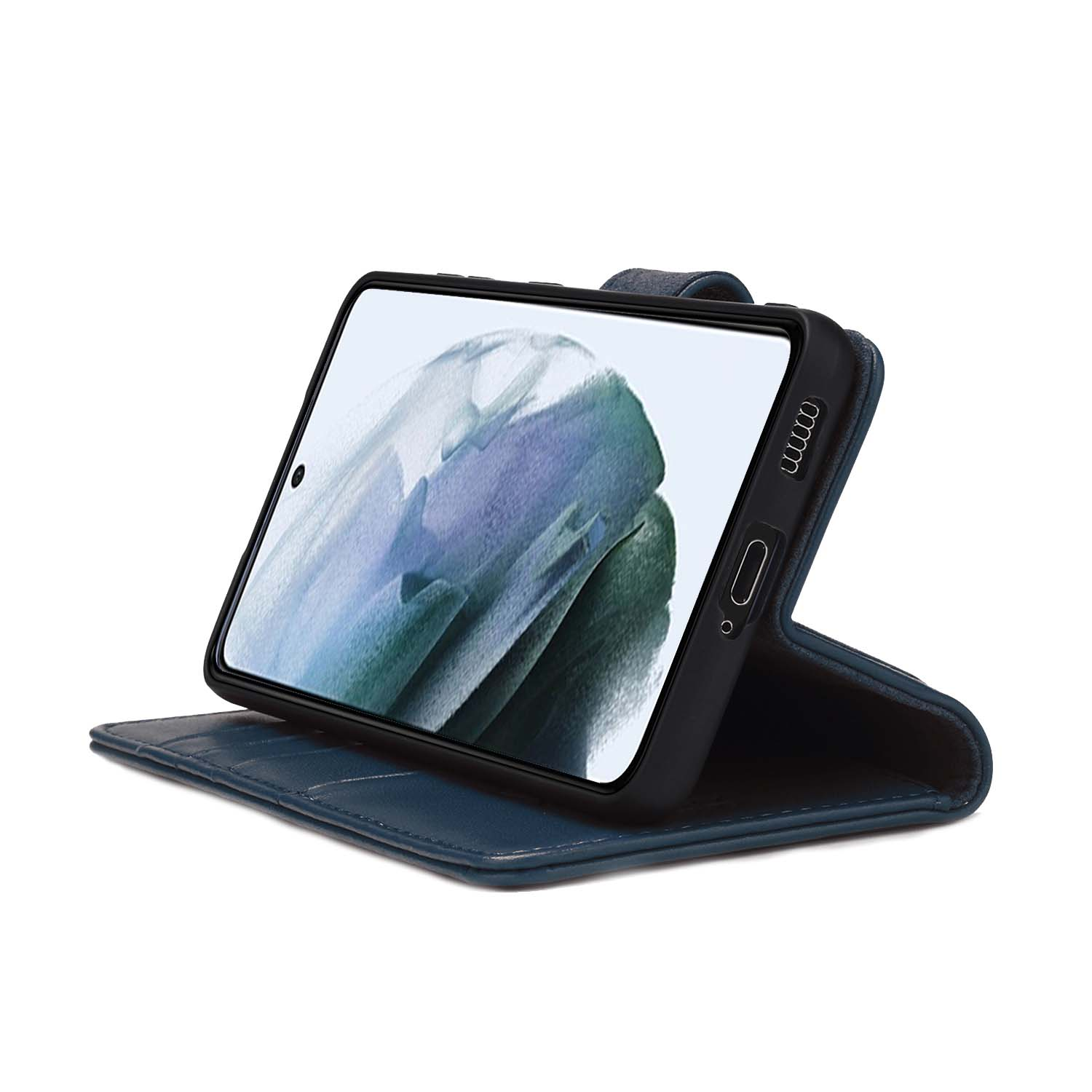 Blauwe telefoonhoes open, toont een telefoon in een hoek.
