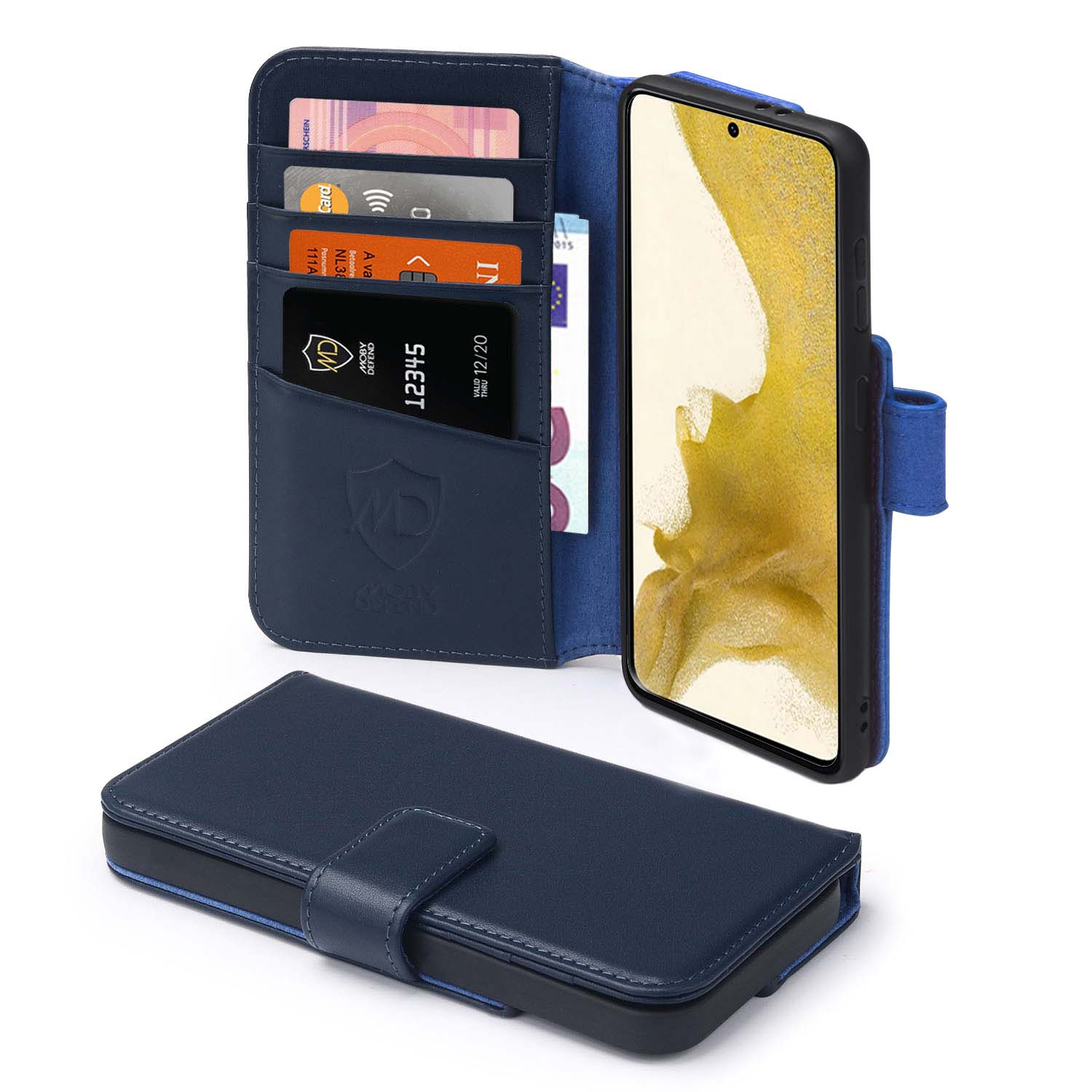 Étui portefeuille bleu avec téléphone, cartes et argent.