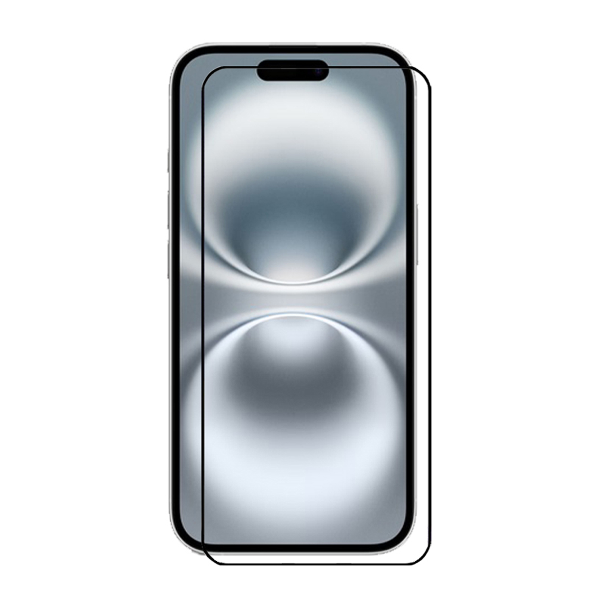 Een telefoon met schermbeschermer, met een lichtgrijze achtergrond.