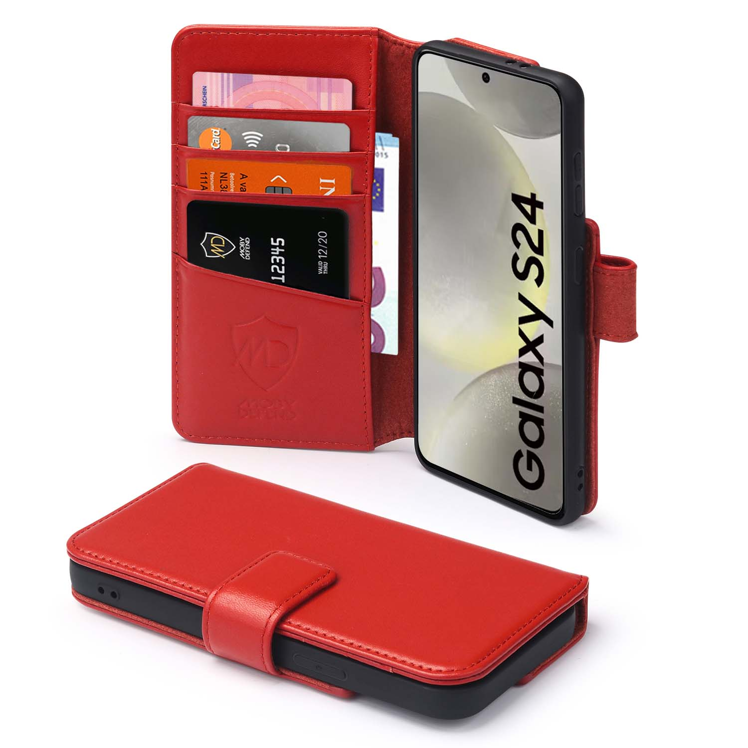 Étui portefeuille de téléphone en cuir rouge avec cartes et téléphone. Le téléphone est un Samsung Galaxy S24.