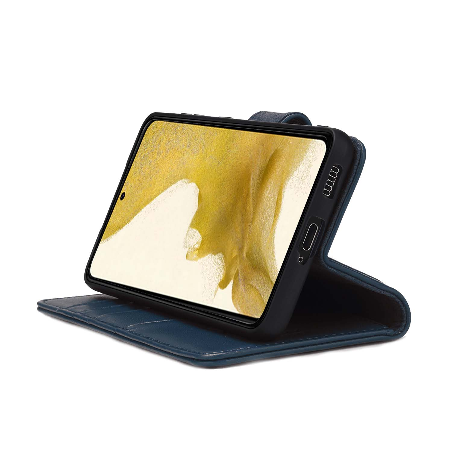 Étui portefeuille bleu avec un téléphone noir à l'intérieur. L'écran du téléphone est allumé. Cartes de crédit visibles.