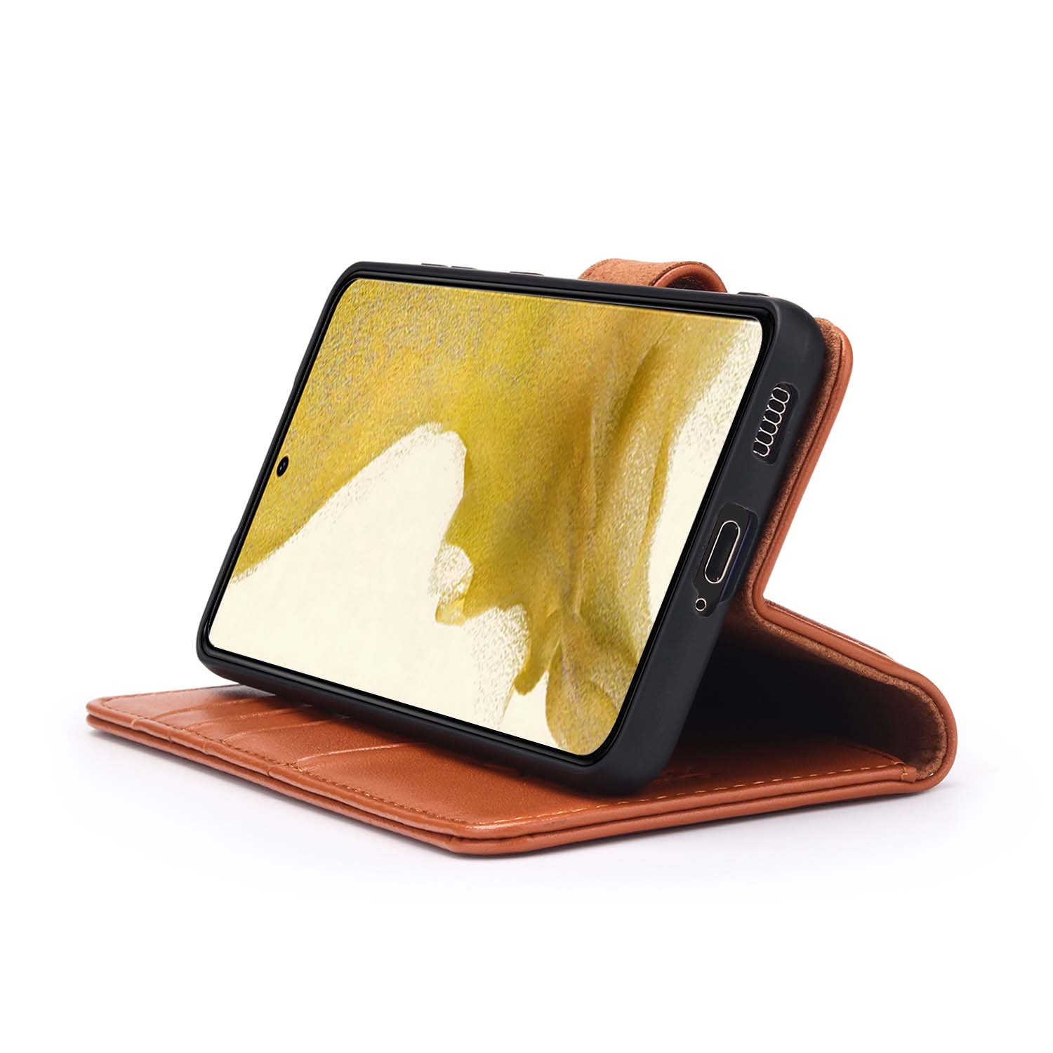 Téléphone avec étui marron, montrant un fond jaune. Étui ouvert. Téléphone en orientation paysage.
