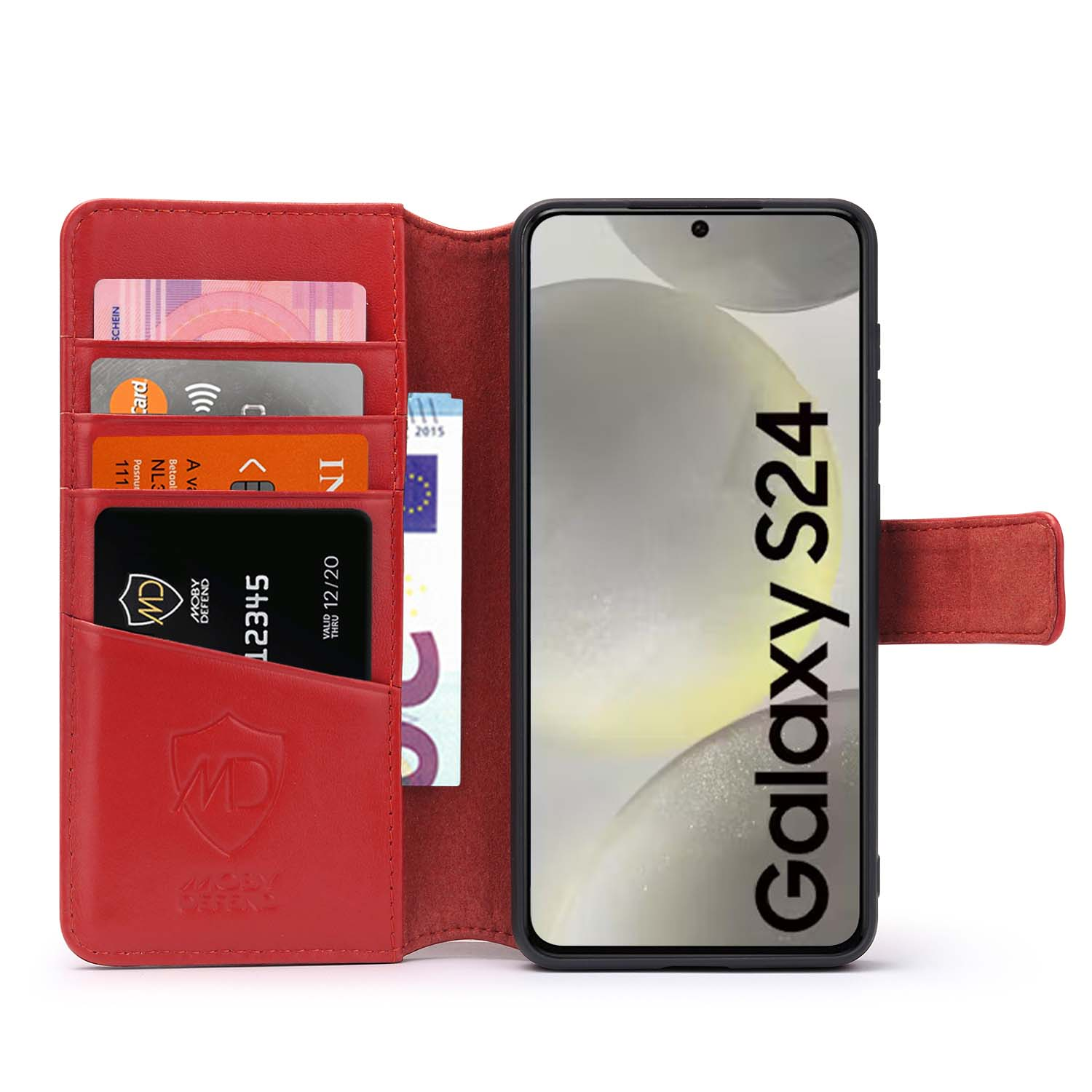 Étui rouge avec cartes et téléphone, le téléphone affiche 'Galaxy S24' à l'écran.