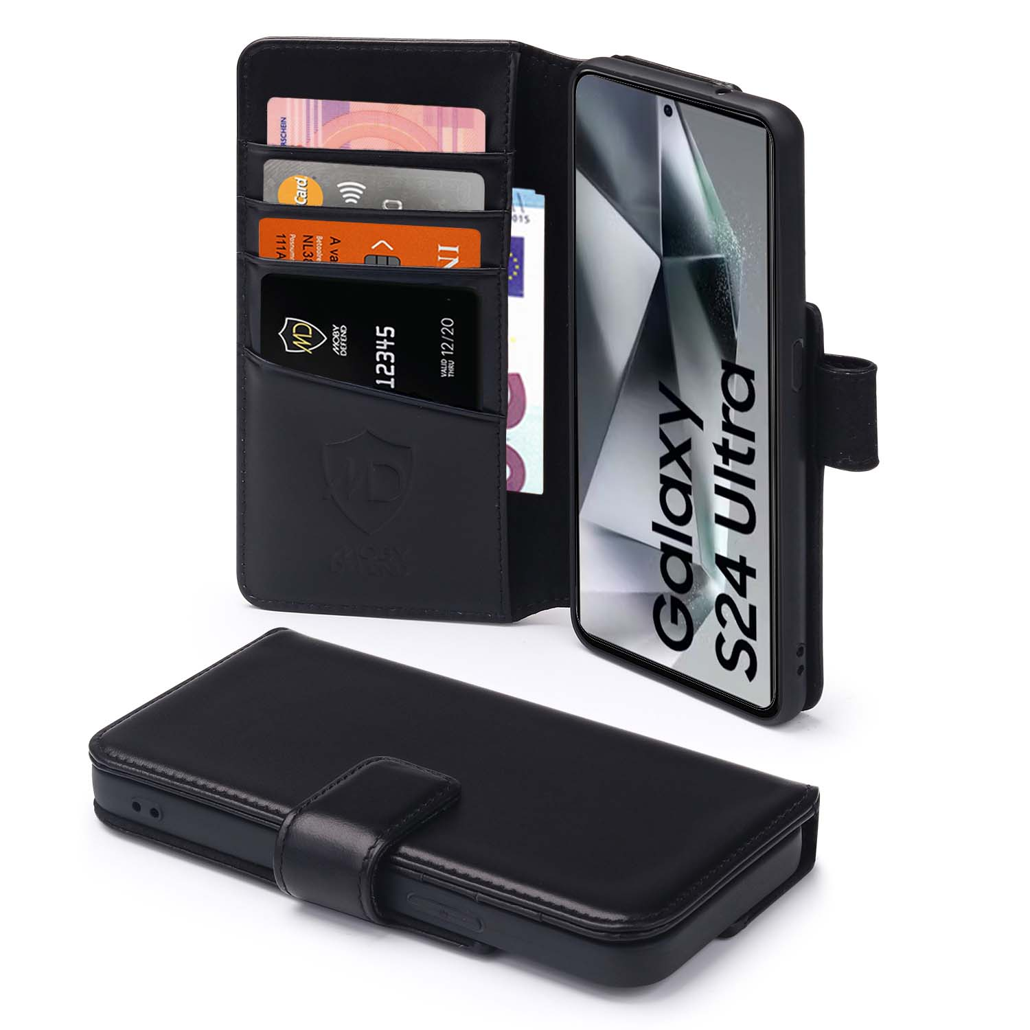 Zwarte telefoonhoes met portemonnee functie. Bewaart kaarten en Galaxy S24 Ultra telefoon. Gesloten hoes zichtbaar.