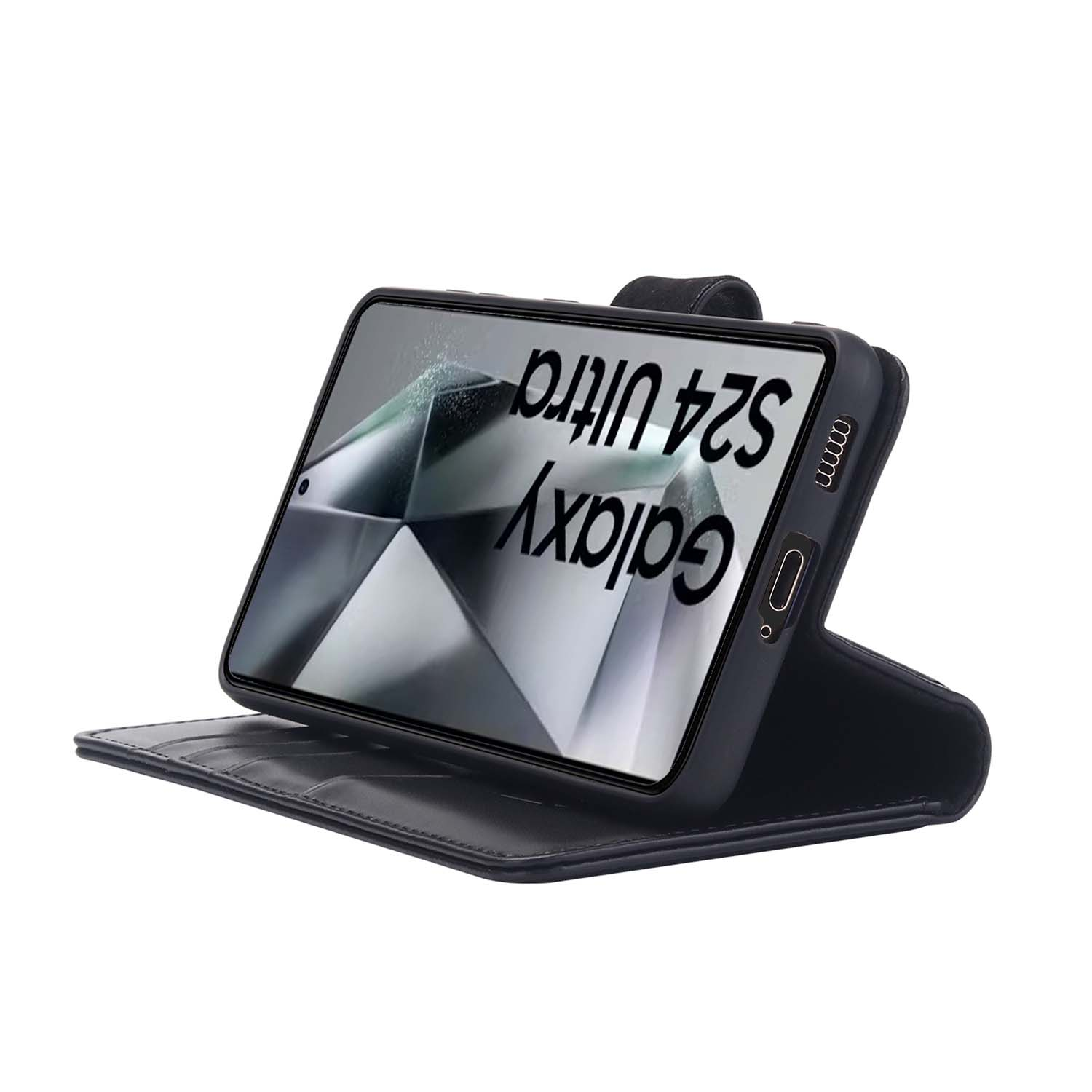 Zwarte telefoonhoes met telefoon erop. Witte achtergrond.