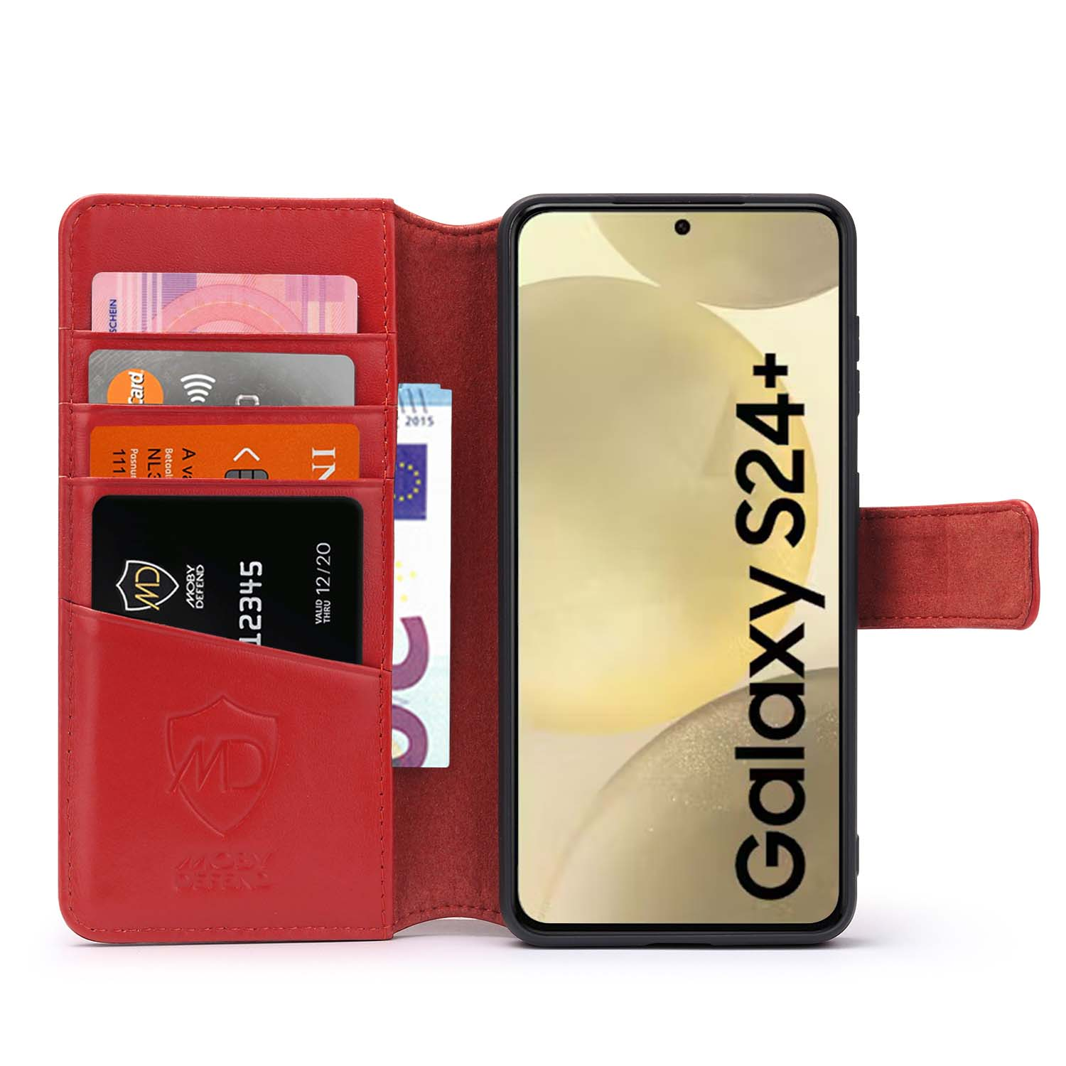 Étui portefeuille rouge avec un téléphone noir à l'intérieur. L'écran affiche Galaxy S24+. Cartes de crédit visibles.