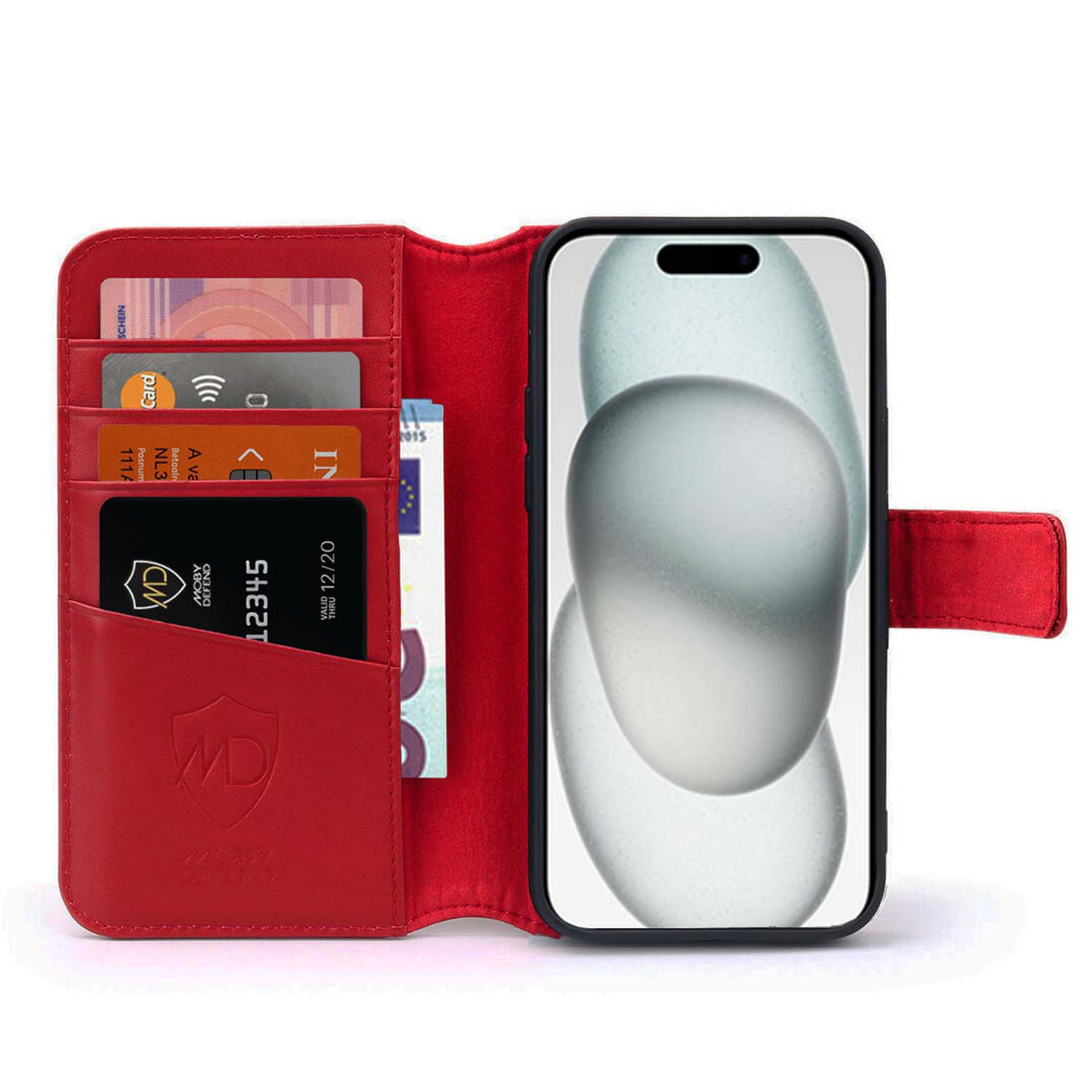 Red phone case open with cards and phone. Phone is black with a blank screen. The background is white.