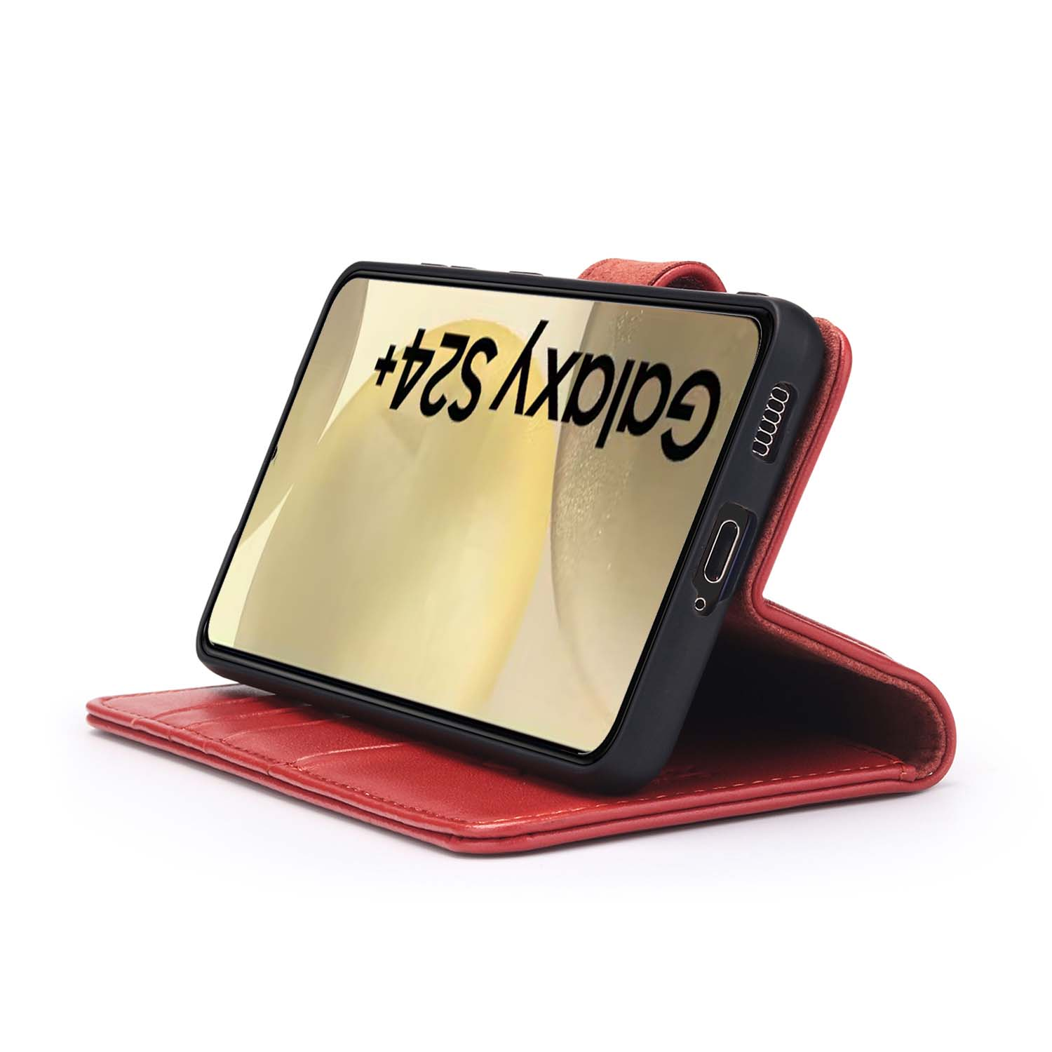 Étui de téléphone rouge avec un téléphone. Le téléphone est incliné et affiche le texte : Galaxy S24+.