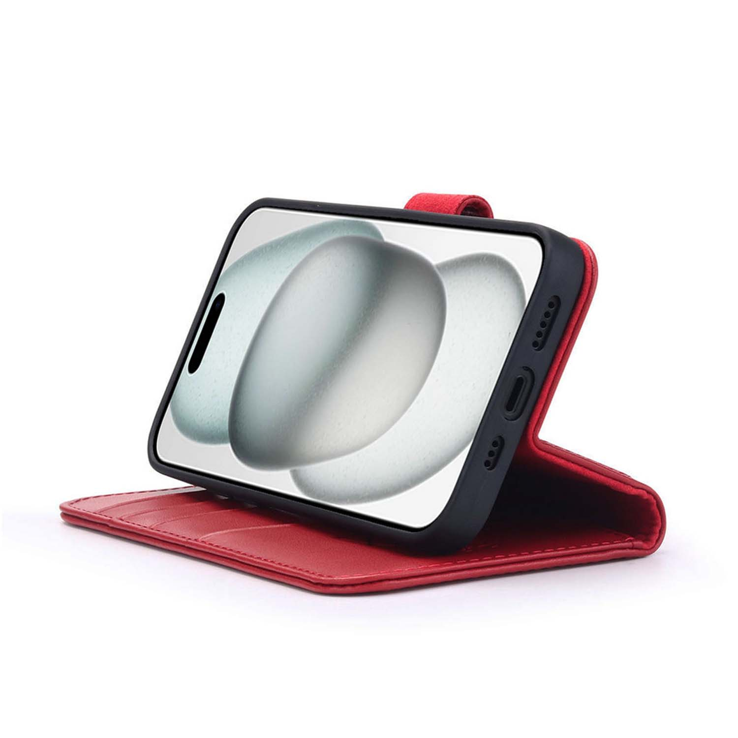 Red phone case with phone. Phone angled, showing screen. White background.