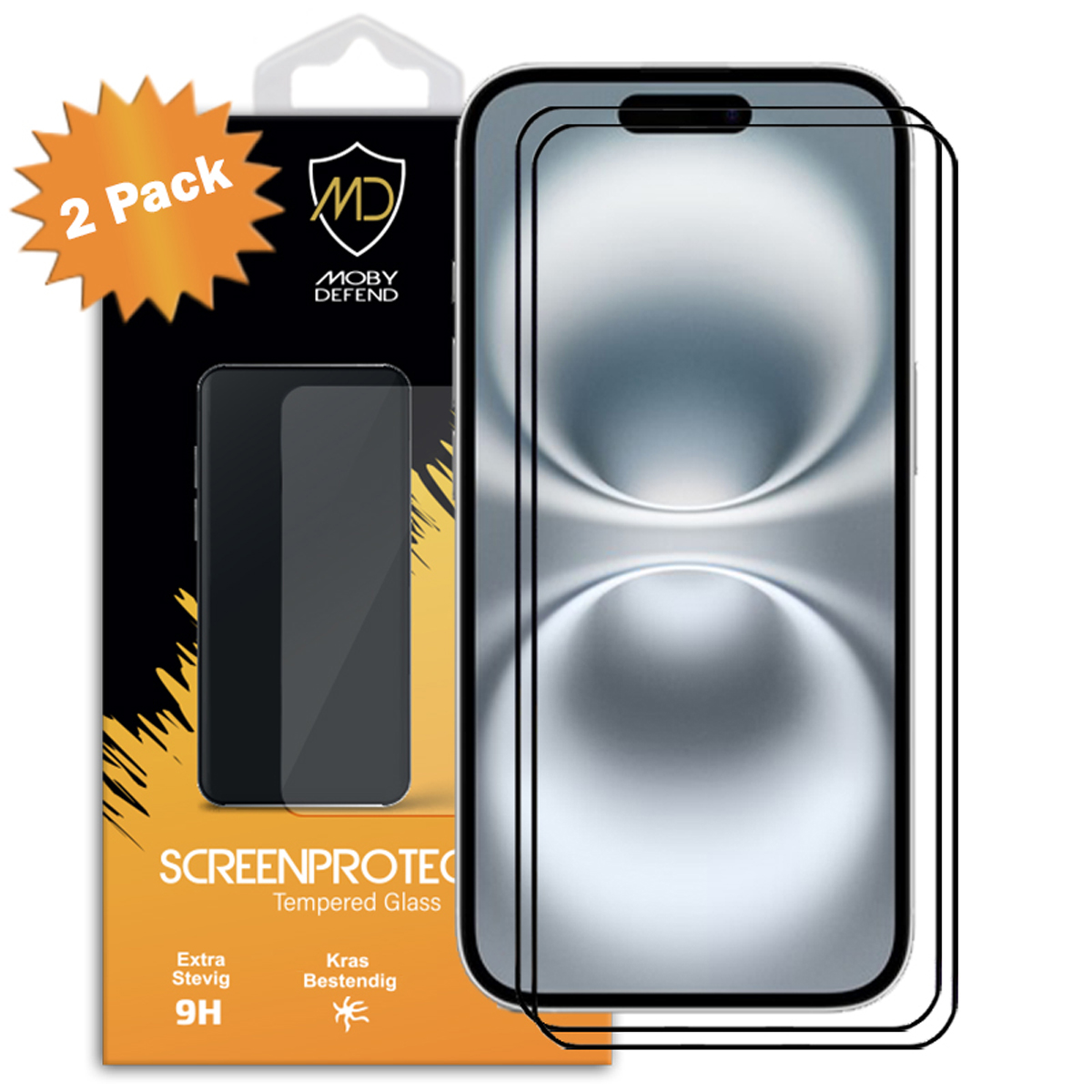 Verpakking en telefoon van de schermbeschermer. De verpakking zegt "2 pack", "Screenprotector".
