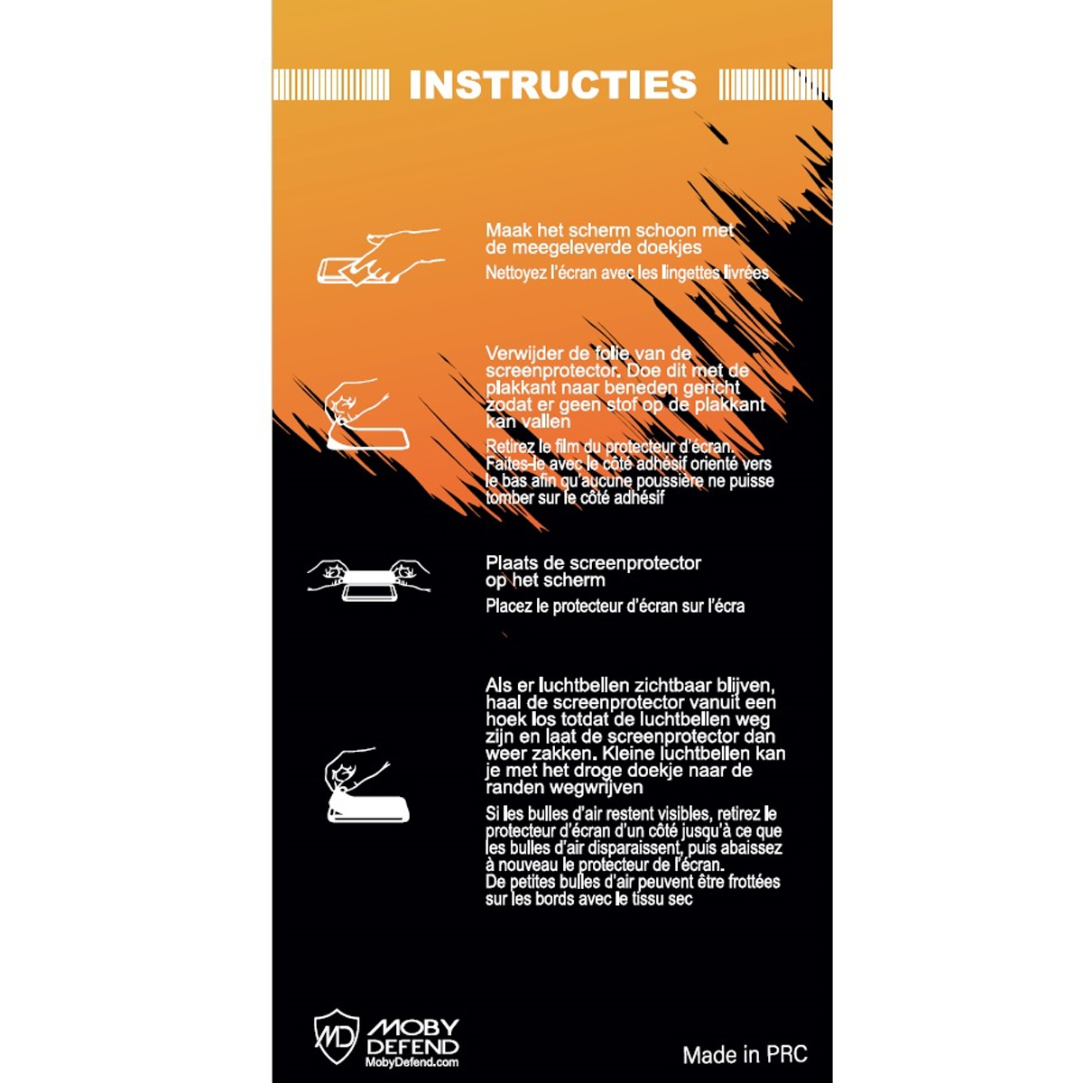 Instructies voor het aanbrengen van een schermbeschermer, met illustraties.