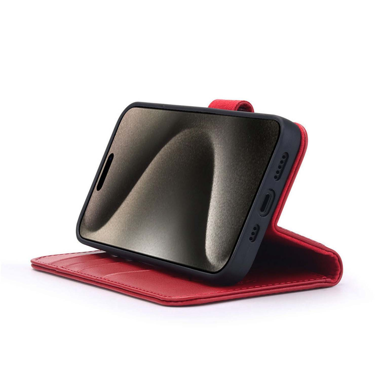 Coque de téléphone rouge, ouverte, avec un téléphone noir incliné. L'écran est noir.