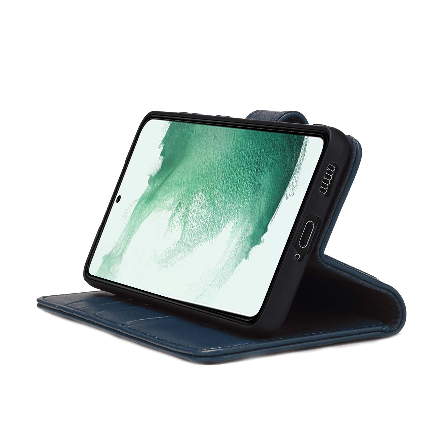 Blauwe telefoonhoes met smartphone, op wit oppervlak.