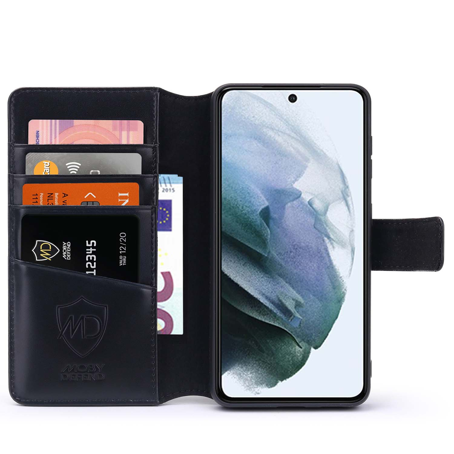 Zwarte telefoonportemonnee met creditcards, valuta en een telefoon. Moby Defend logo zichtbaar.