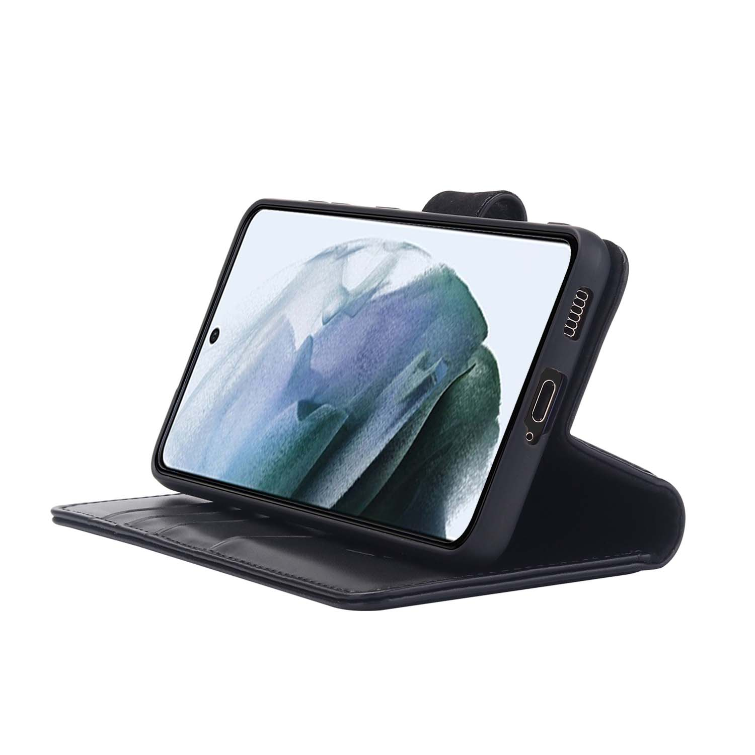 Zwarte telefoonhoes met een telefoon met een blauw design.