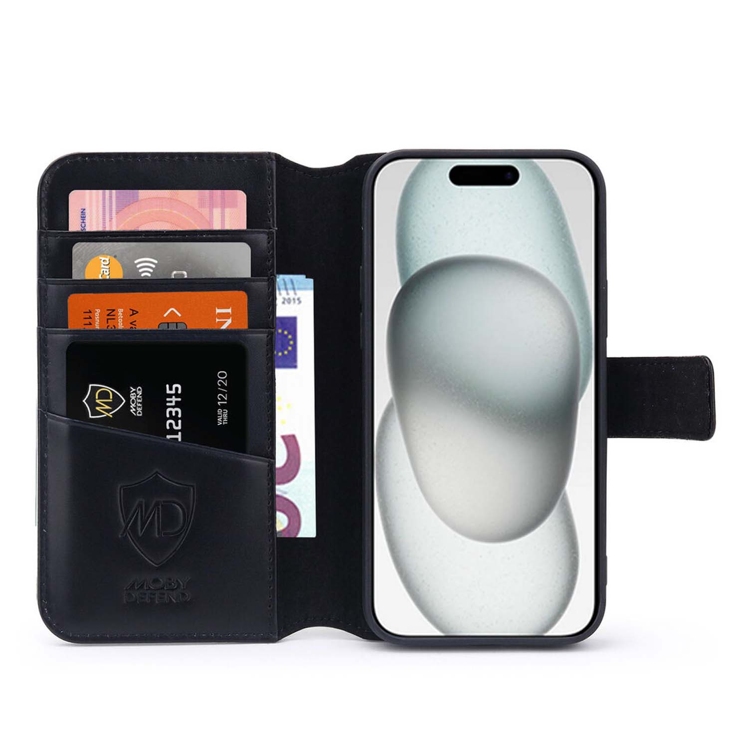 Black phone case, with card slots, holding cards and a phone showing a screen.