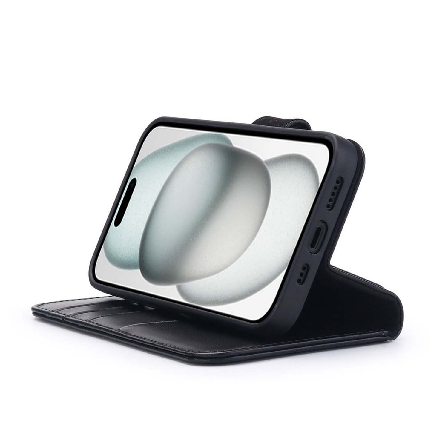 Black phone in a black leather case. The screen shows a grey and white image.