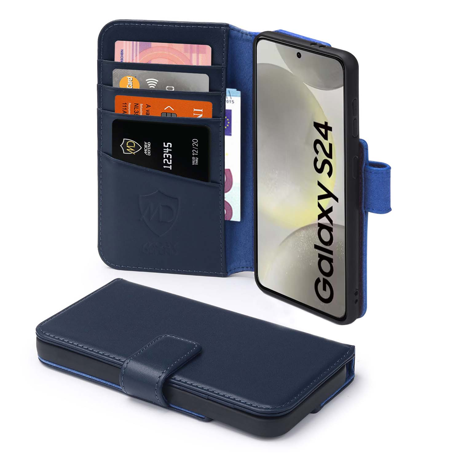 Étui de téléphone bleu avec fonction portefeuille. Contient cartes et téléphone Galaxy S24. Étui fermé visible.