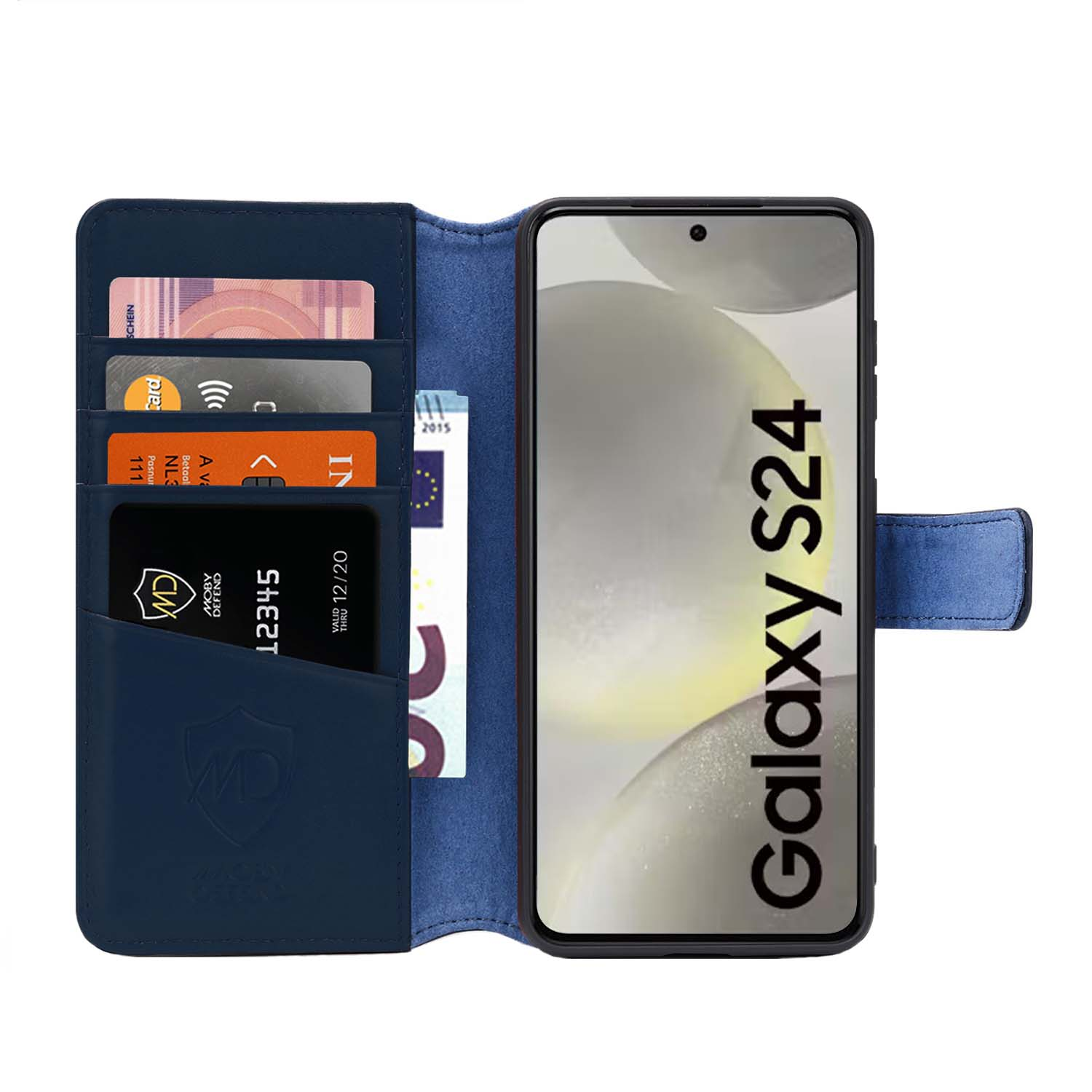 Étui de téléphone bleu avec cartes et téléphone. Le téléphone affiche 'Galaxy S24'.