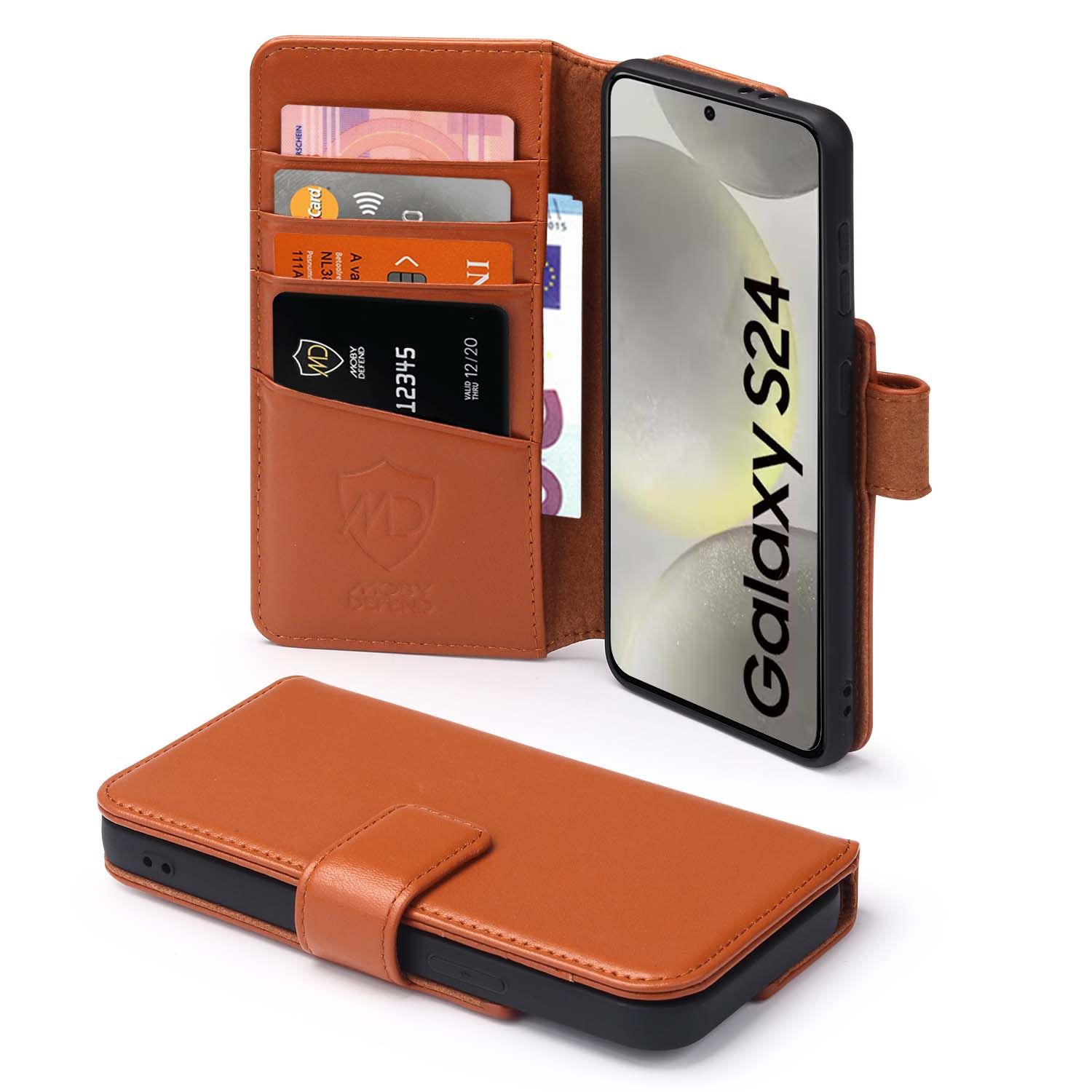 Étui de téléphone marron avec cartes et téléphone. L'étui ouvert montre un téléphone 'galaxy s24'.
