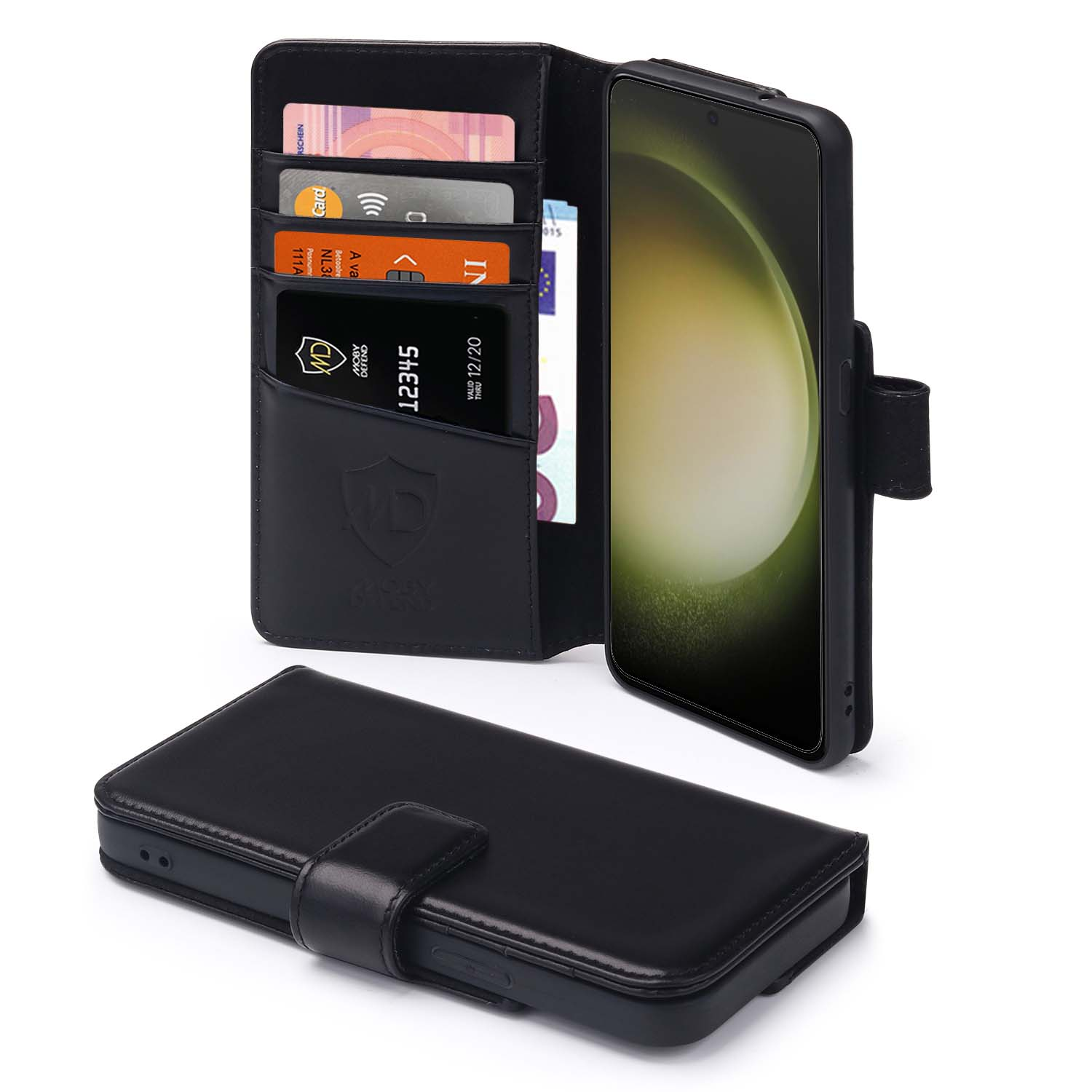Zwarte telefoonhoes met kaarten en telefoon. De telefoon toont een gele afbeelding.